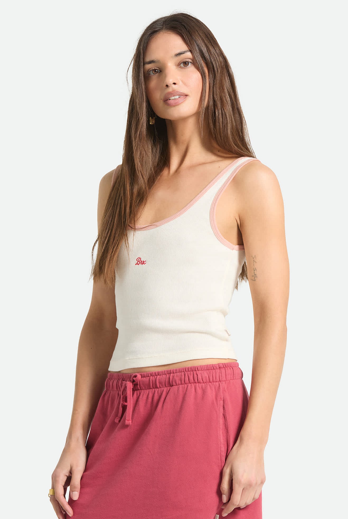 Women's Ringer Organic A-Tank in the color Off White/Silver Pink - Women's Side View