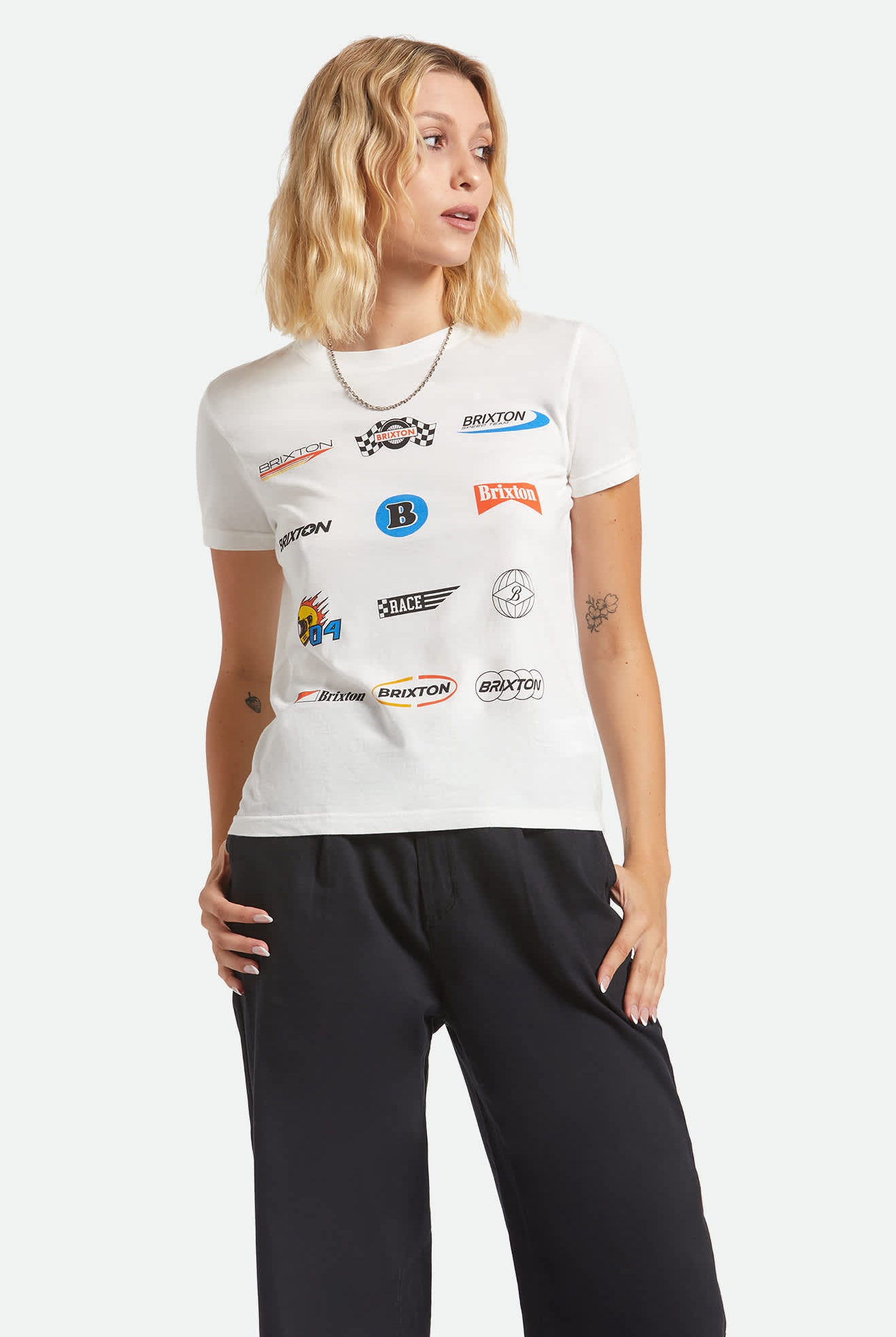 Women's Racing Patches Crew T-Shirt in the color Off White - Women's Front View
