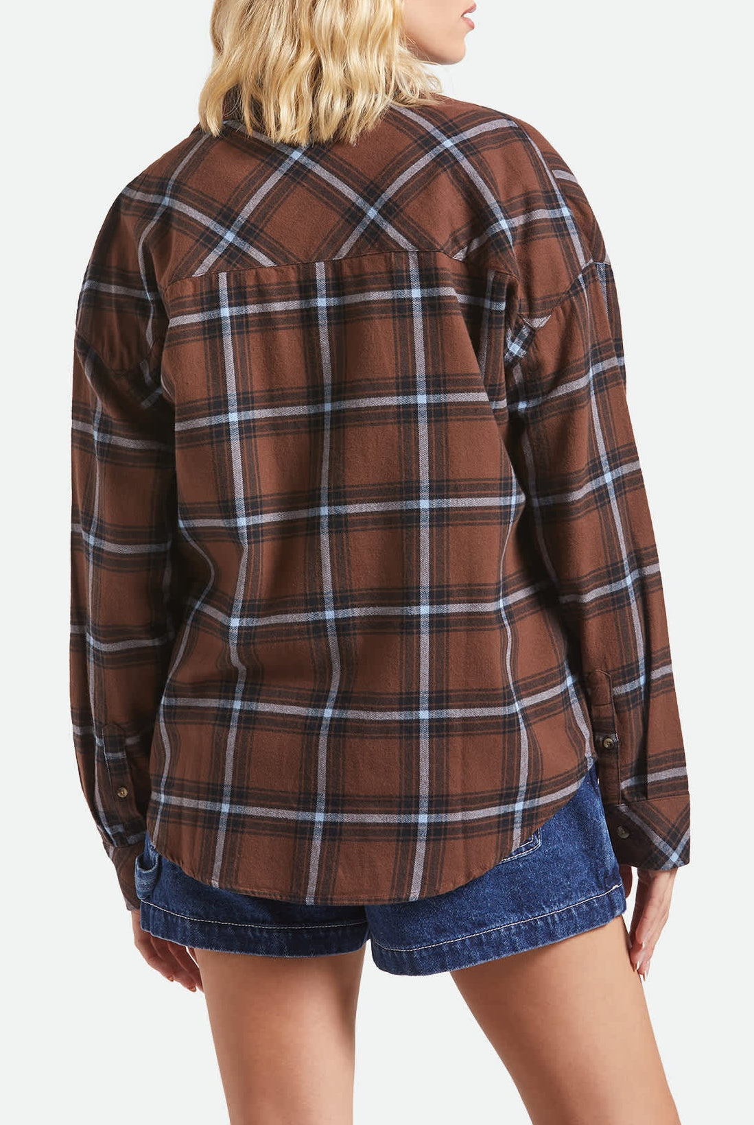 Women's Bowery Vintage Overshirt in the color Pinecone Brown/Black/Borrowed Blue - Women's Back View