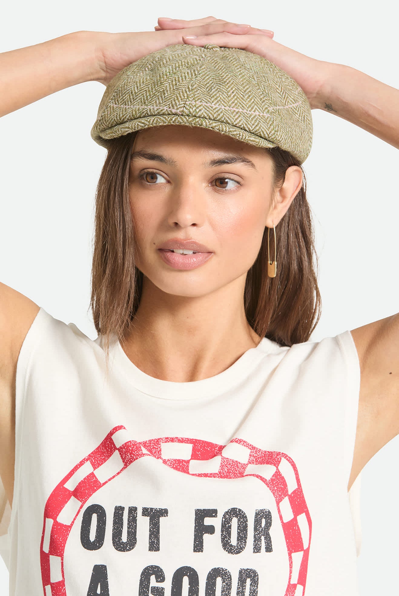 Women's Brood Lightweight Newsboy Cap in the color Sublime Green Houndstooth - Women's Front View