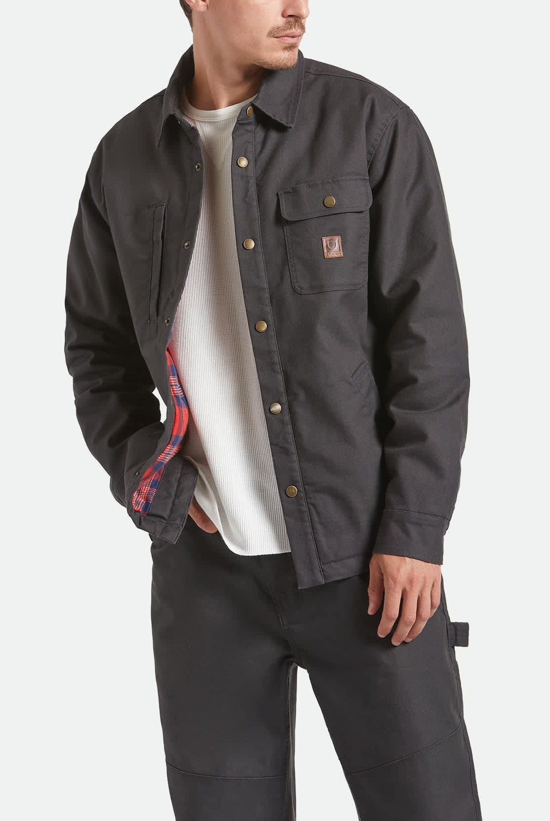Men's Builders Stretch Flannel Lined Jacket in the color Washed Black/Red - Men's Front View