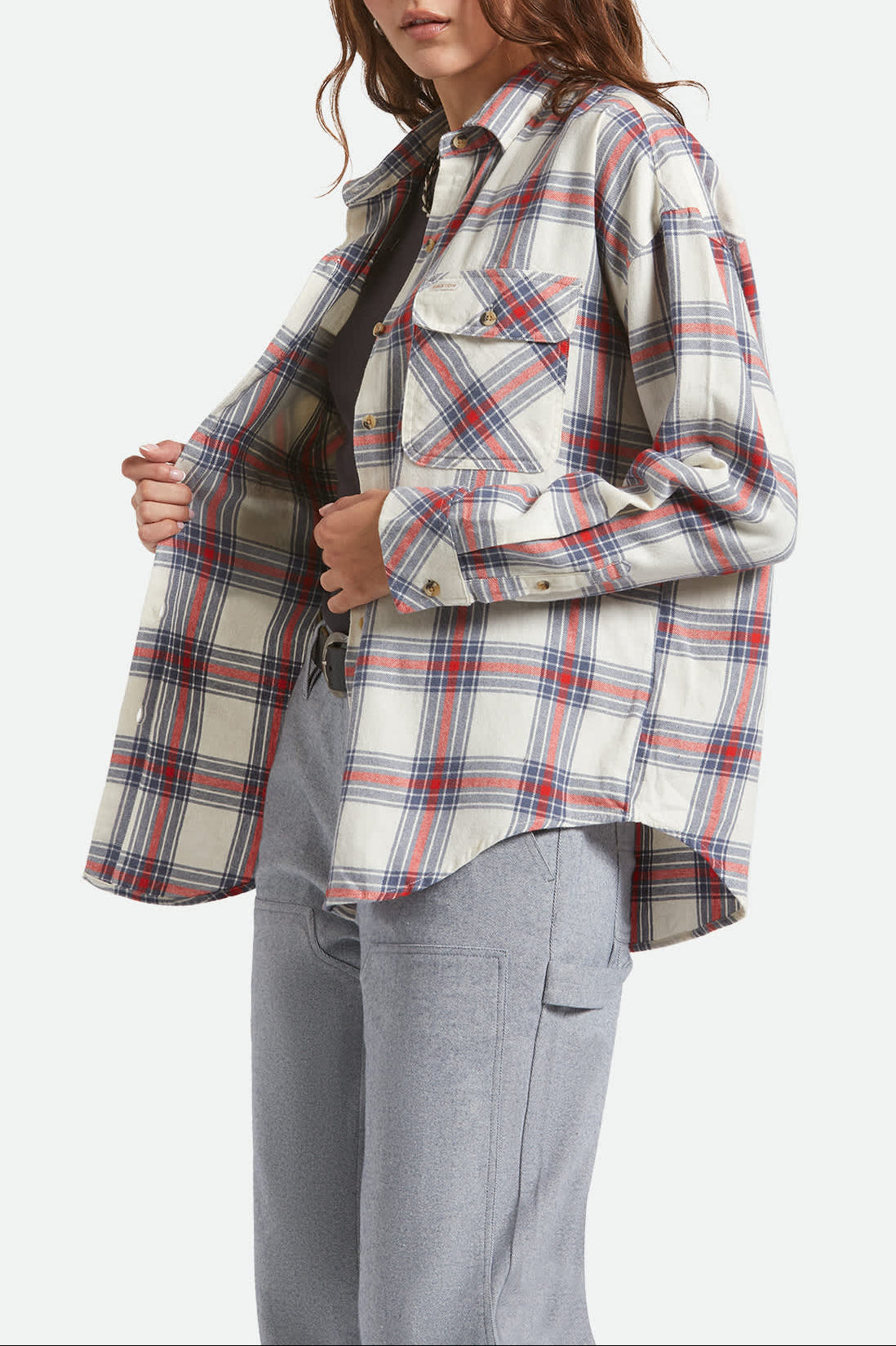 Women's Bowery Vintage Overshirt in the color Off White/Berring Sea/Red - Women's Side View