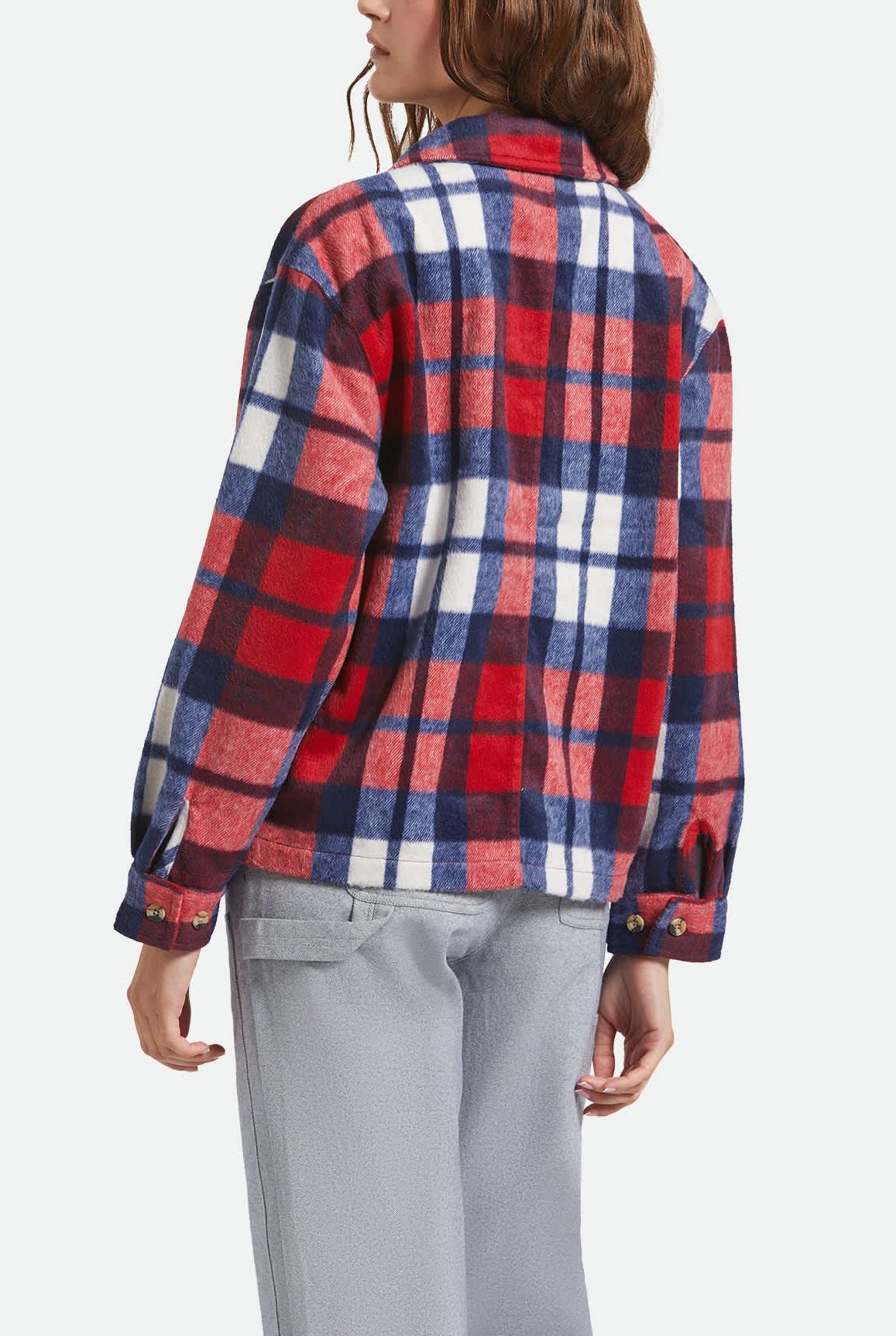 Women's Bowery Women's Soft Brushed Flannel in the color Adrenaline Rush/Navy - Women's Back View