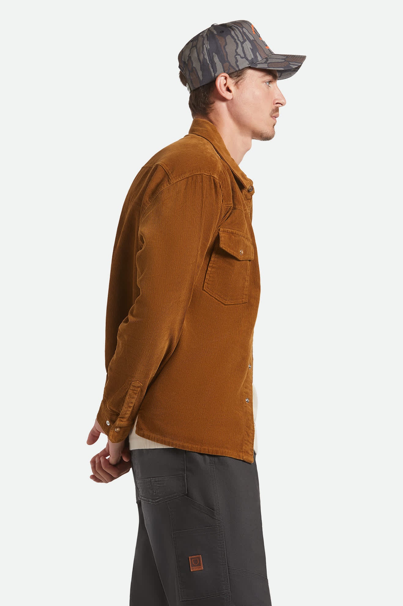 Men's New West Relaxed Overshirt in the color Washed Copper Corduroy - Men's Side View