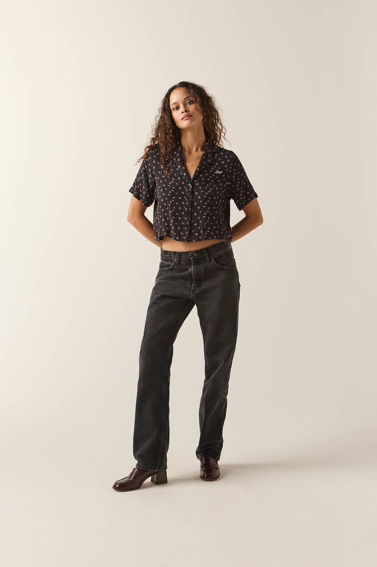Women's Silky Bowling Button Down Shirt in the color Black Ditsy Floral - Additional Fit image