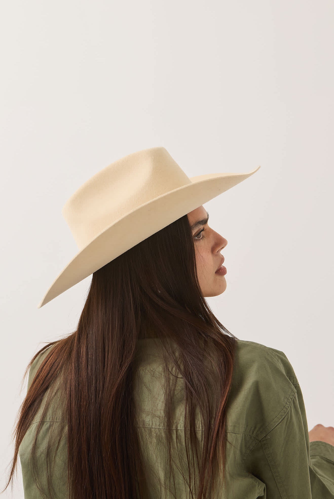 Unisex Prescott Brick Top Cowboy Hat in the color Wax Paper - Women's Back View