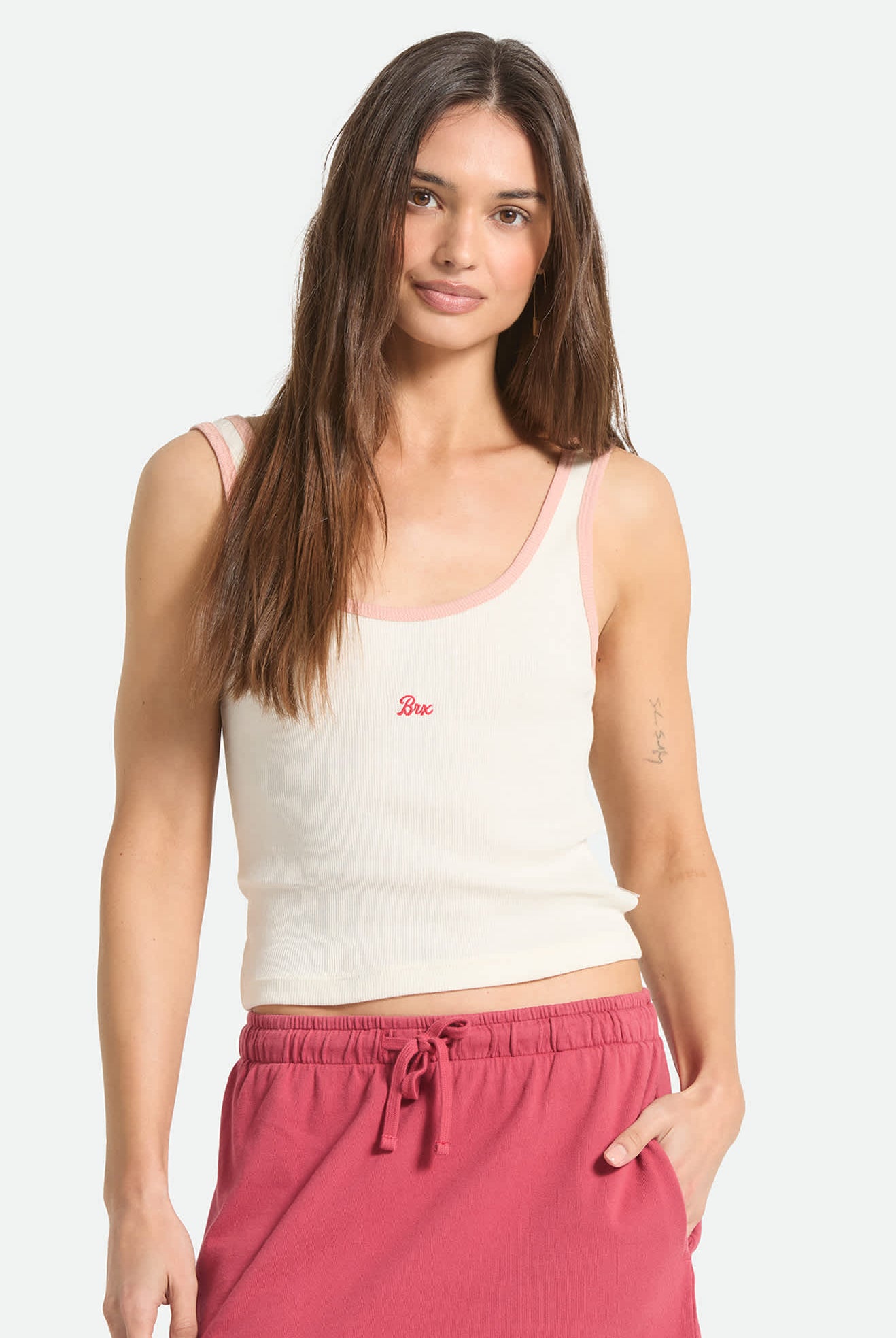 Women's Ringer Organic A-Tank in the color Off White/Silver Pink - Women's Front View