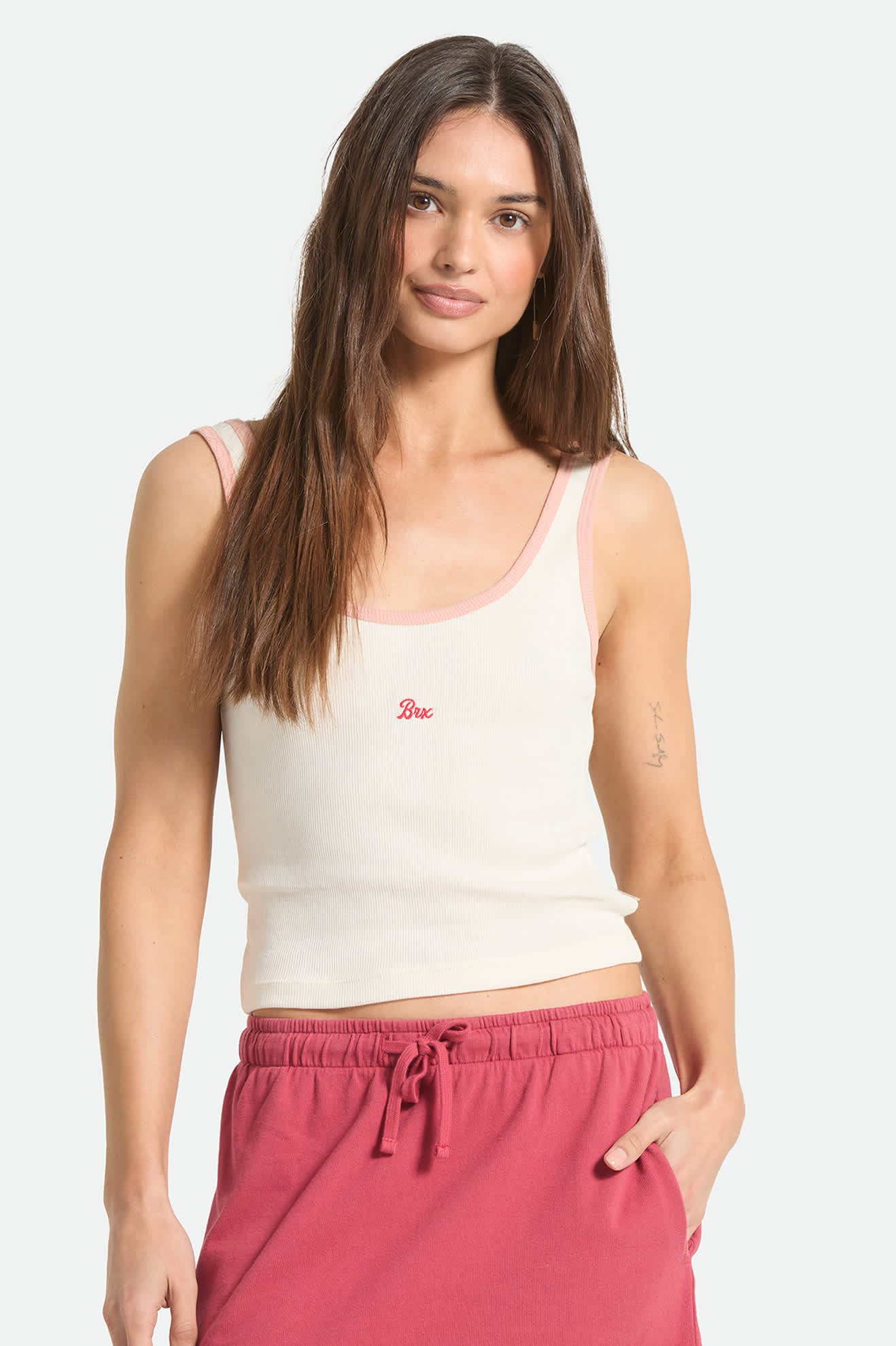 Women's Ringer Organic A-Tank in the color Off White/Silver Pink - Women's Front View
