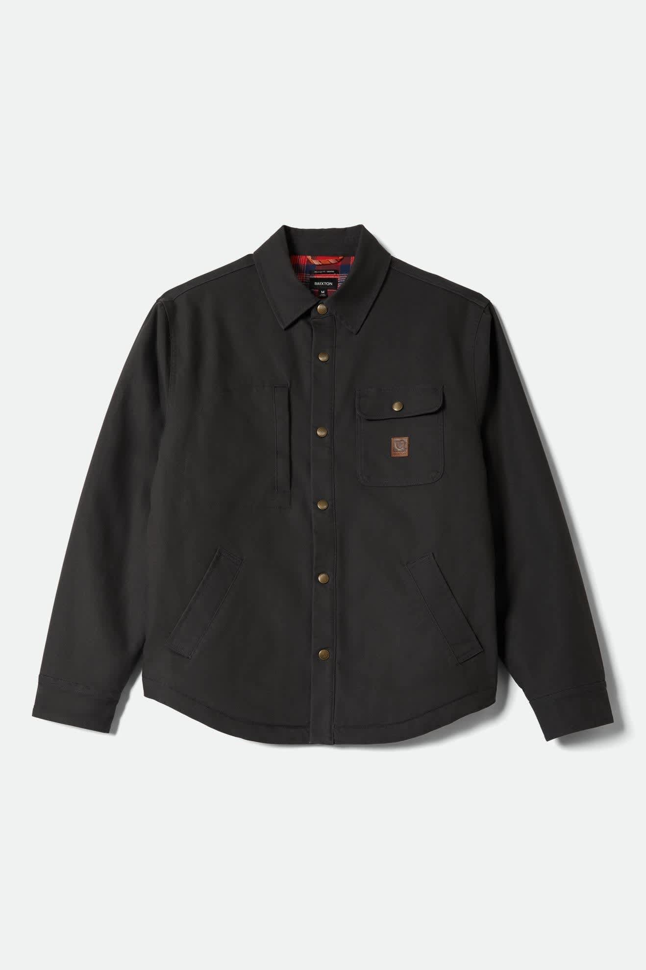 Men's Builders Stretch Flannel Lined Jacket in the color Washed Black/Red - Front Product View