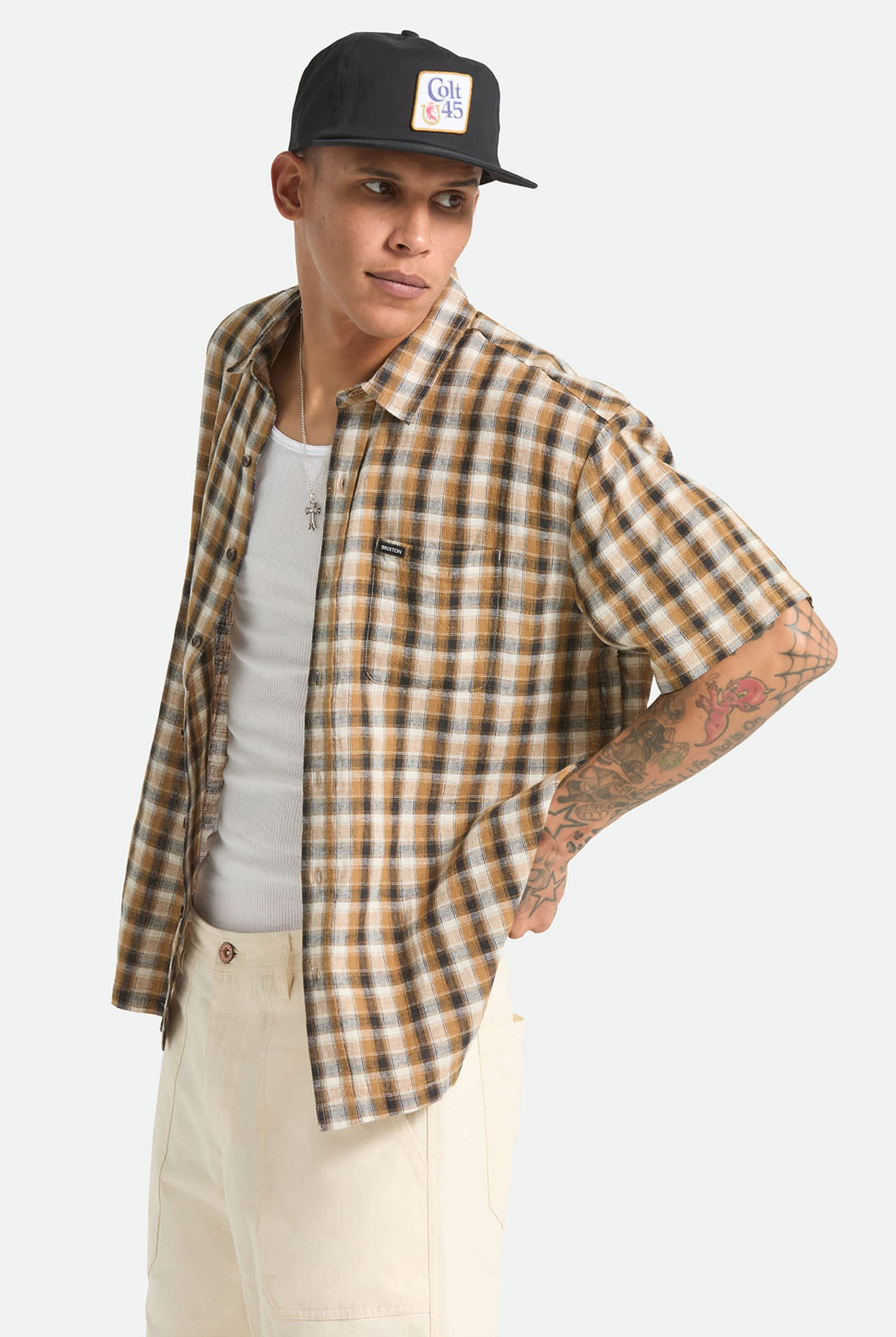 Men's Cru Linen Blend Plaid Short Sleeve Shirt in the color Black/Tobacco Plaid - Men's Side View