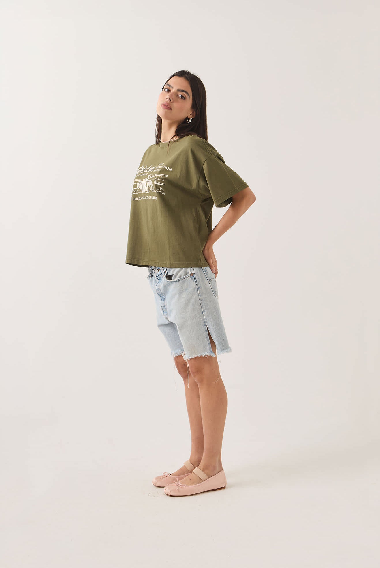 Women's Your Destination Awaits Boxy Crop Top in the color Dark Olive - Women's Side View