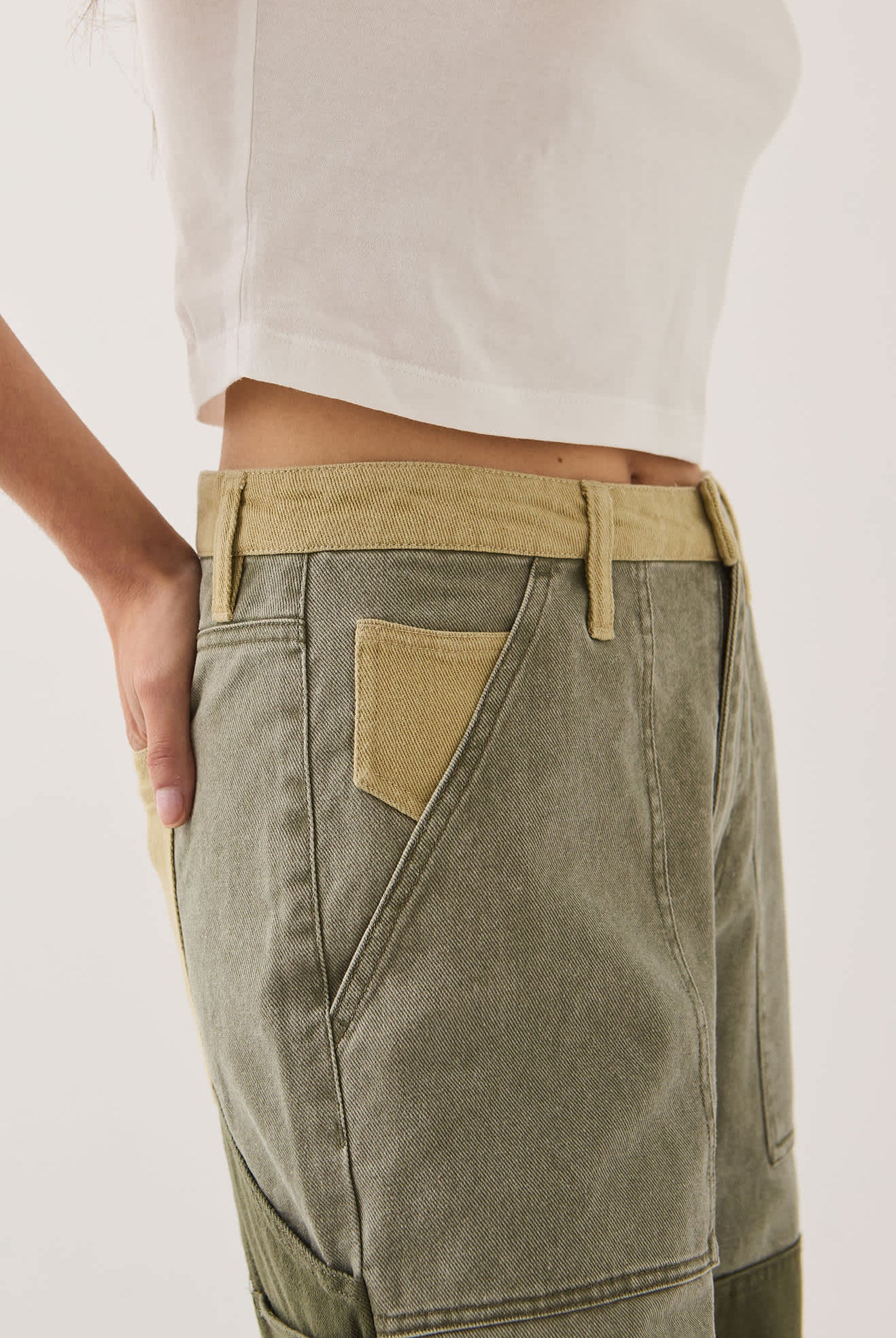 Women's Essex Patchwork Painter Pant in the color Vintage Olive Patchwork - Additional Fit image