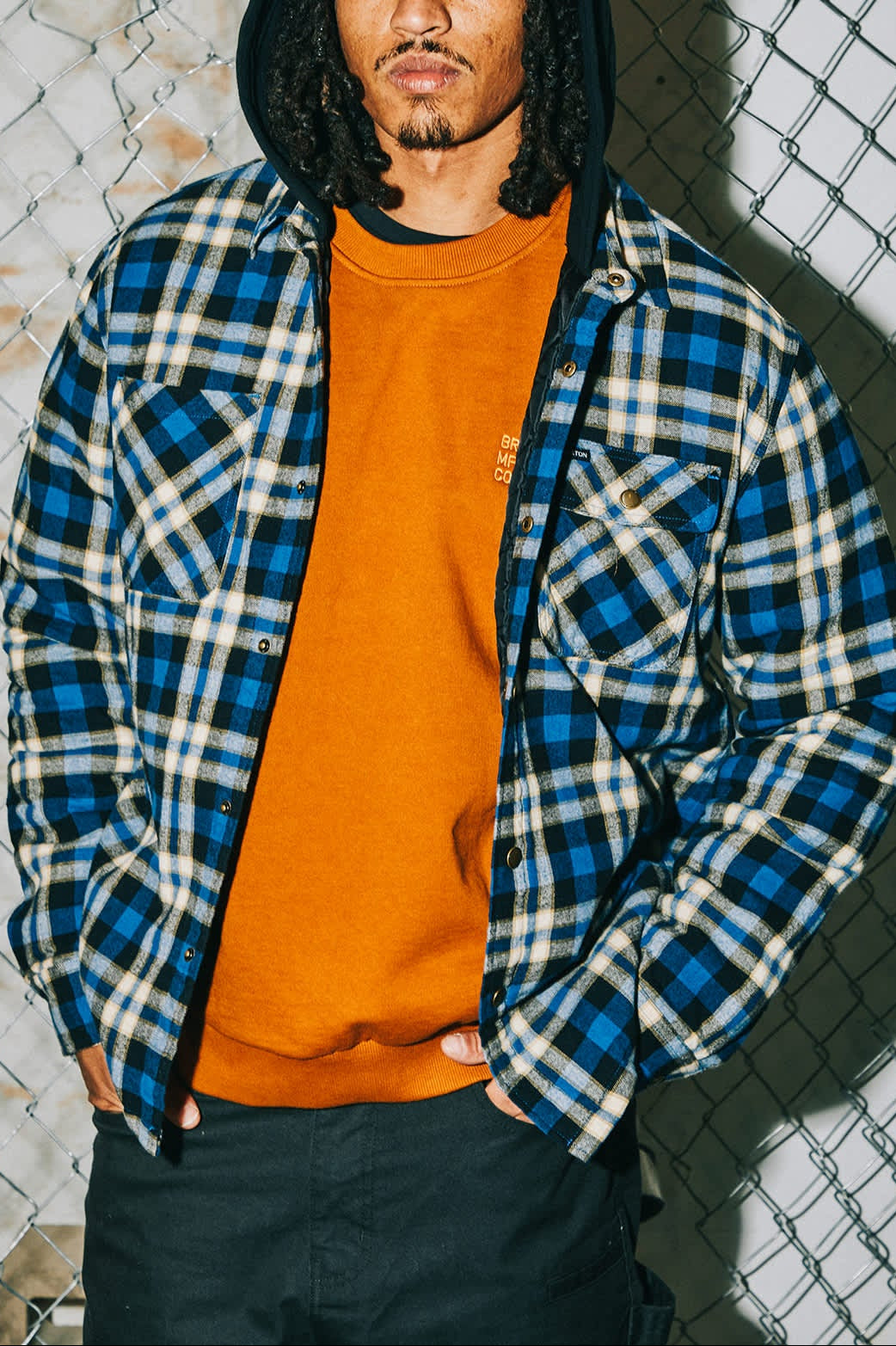 Men's Bowery Quilited Hooded Flannel in the color Navy/Cream - Men's Lifestyle image