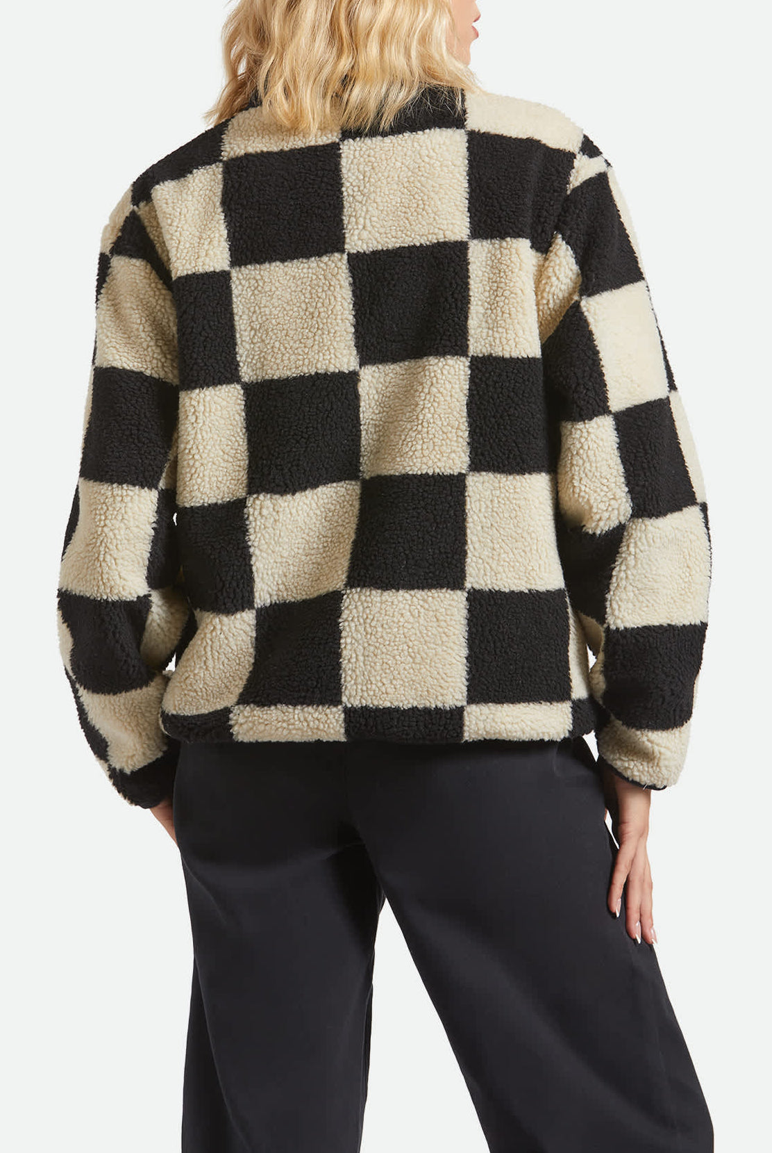 Women's Delilah Sherpa Jacket in the color Black/Natural Finish Line Checker - Women's Back View