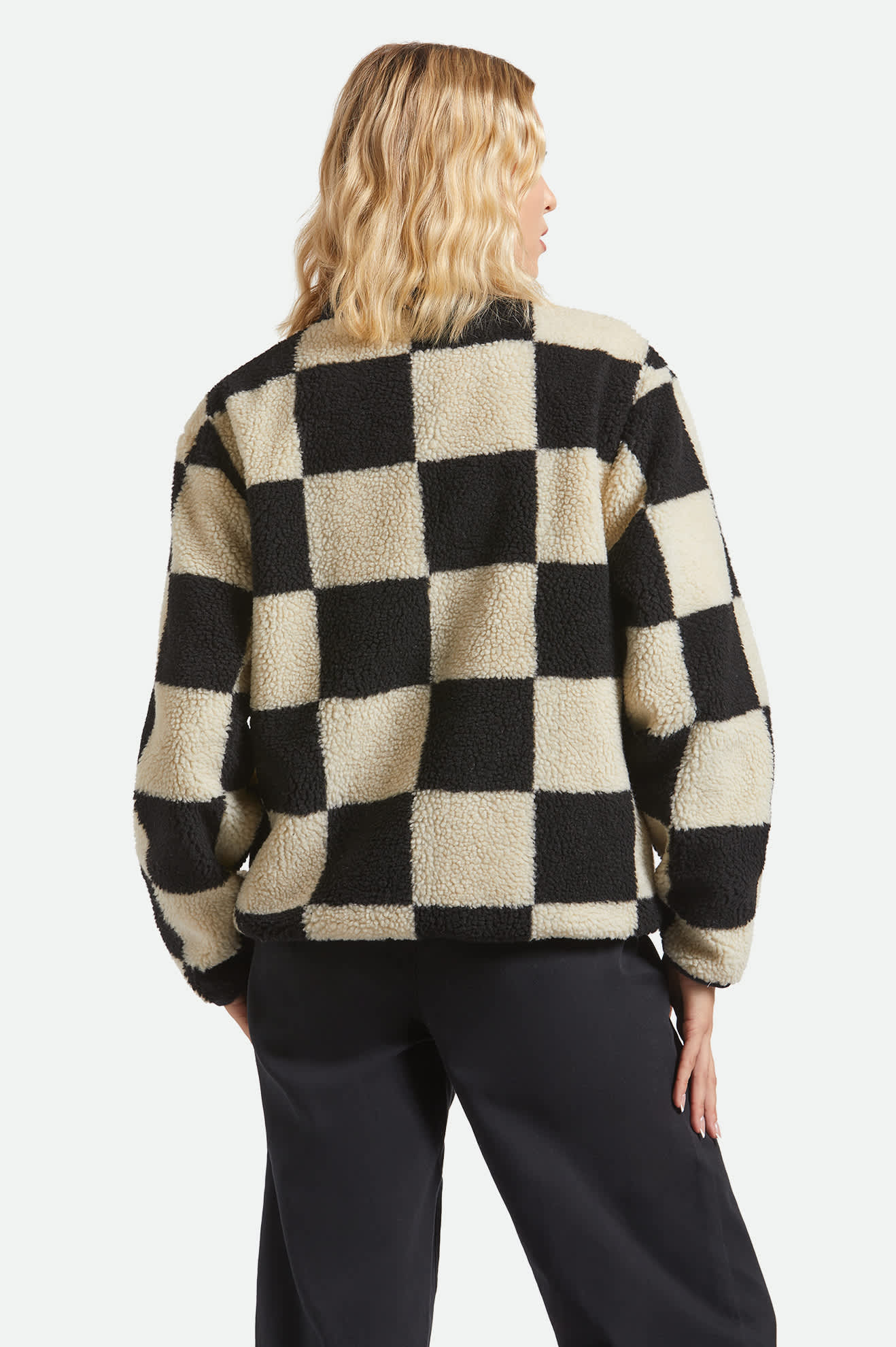 Women's Delilah Sherpa Jacket in the color Black/Natural Finish Line Checker - Women's Back View