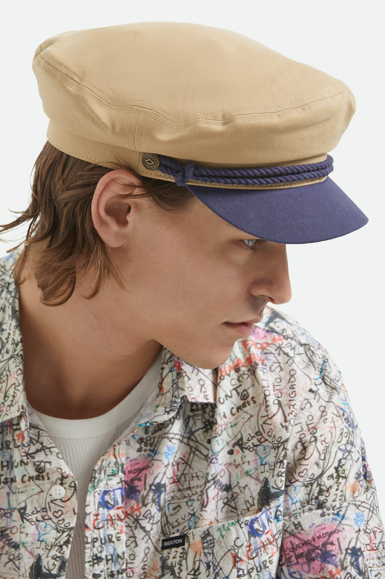 Unisex Fiddler Fisherman Cap in the color Sand/Washed Navy - Additional Fit image