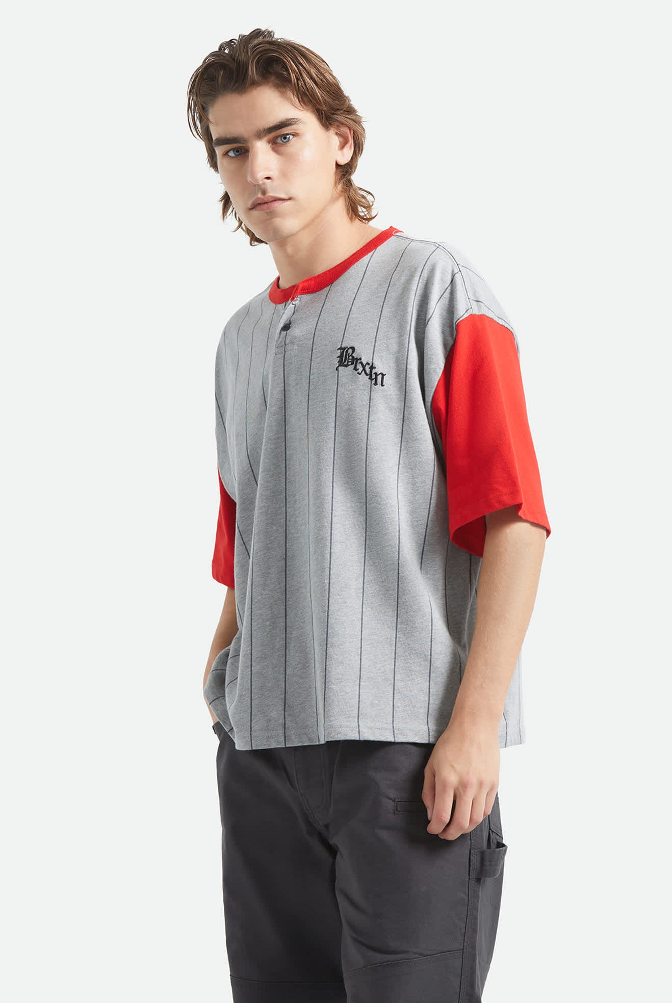 Men's Boxy Short Sleeve Baseball T-Shirt in the color Heather Grey/Adrenaline Rush - Additional Fit image