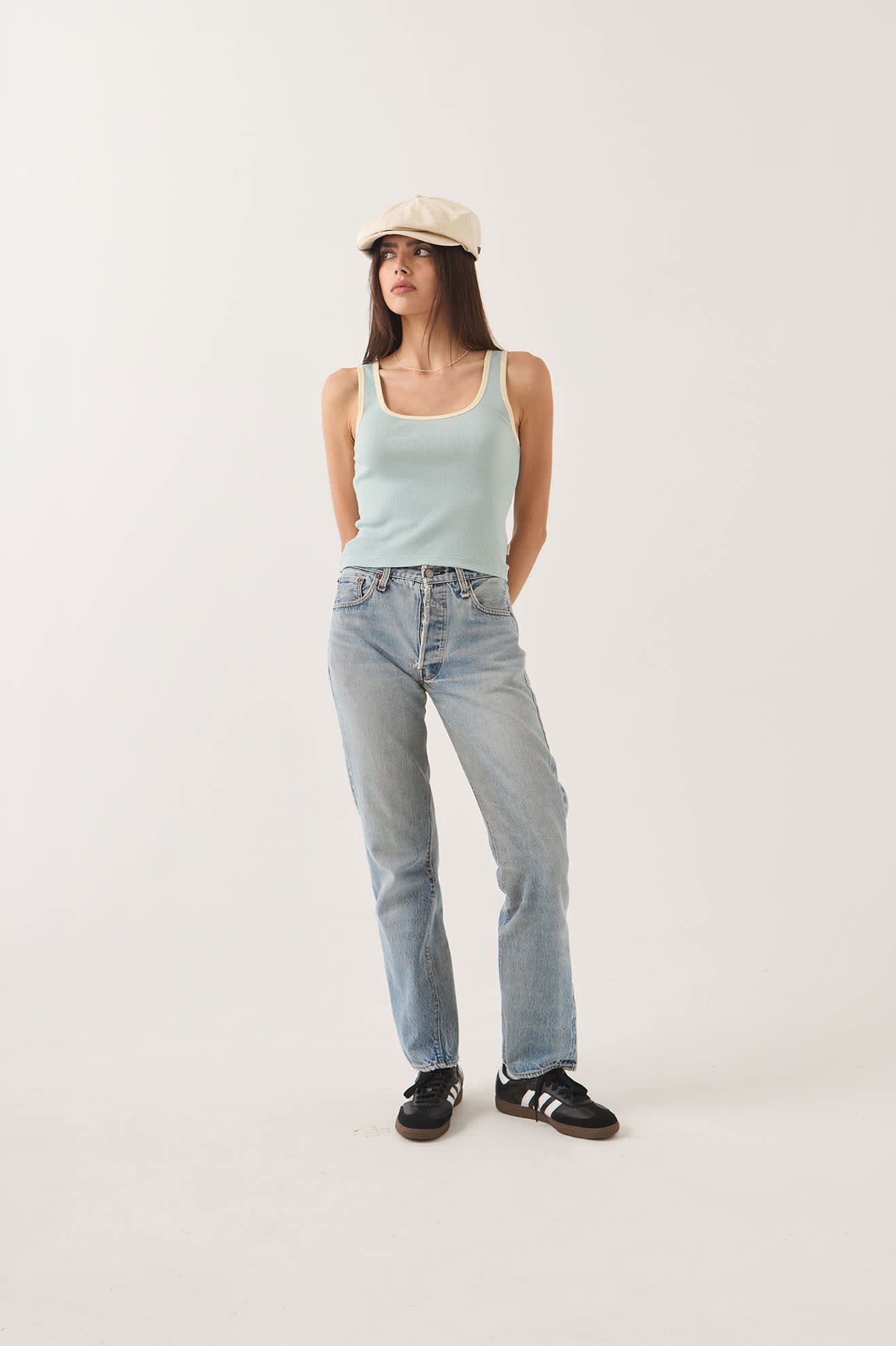 Women's Ringer Organic A-Tank in the color Sea Grass/Waxed Paper - Women's Front View