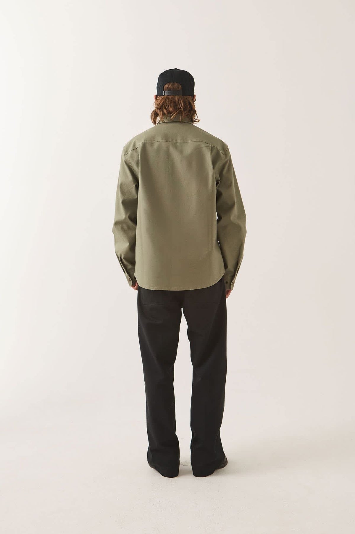 Men's Builders Stretch Overshirt in the color Olive Surplus - Men's Back View