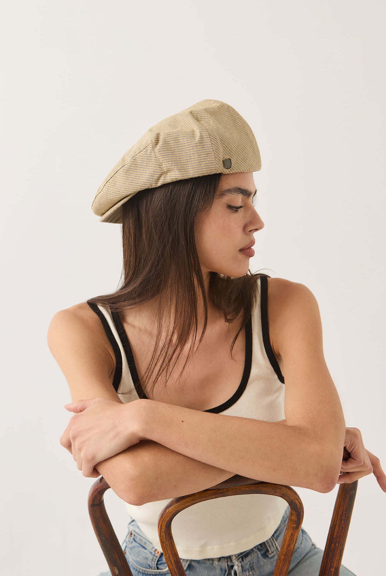 Unisex Hooligan Flat Cap in the color Khaki Stripe/Washed Black - Women's Back View