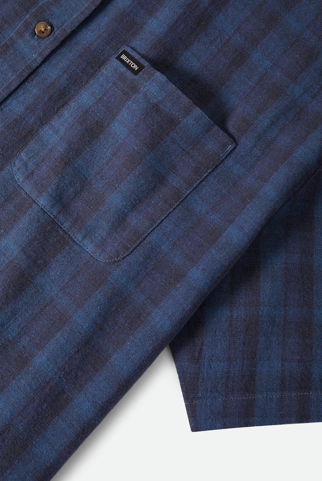 Men's Cru Linen Blend Plaid Short Sleeve Shirt in the color Dark Blue/Black Plaid - Additional Laydown image