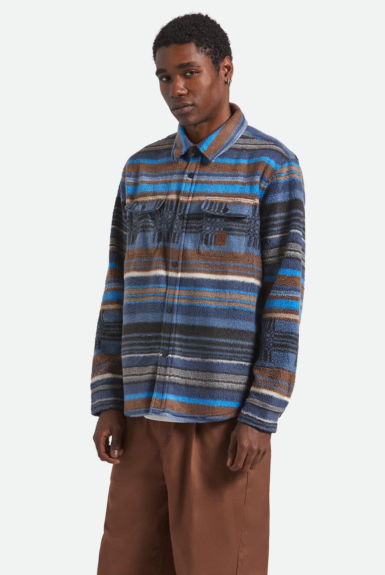 Men's Bowery Arctic Stretch Fleece in the color Mood Indigo Blanket Stripe - Men's Front View