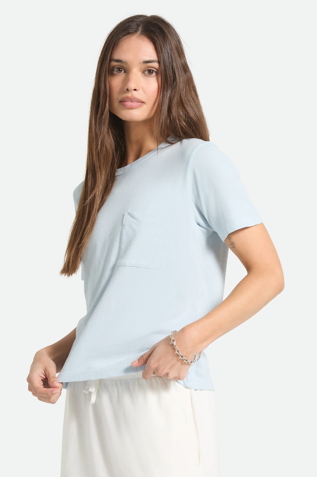 Women's Carefree Organic Garment Dye Perfect T-Shirt in the color Blue Aura - Women's Side View
