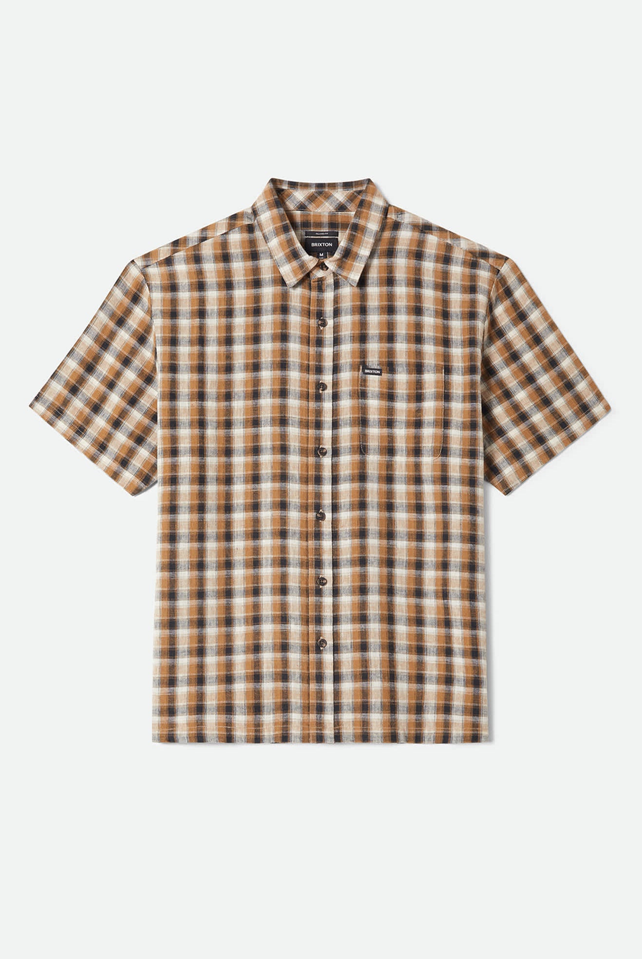 Men's Cru Linen Blend Plaid Short Sleeve Shirt in the color Black/Tobacco Plaid - Front Product View