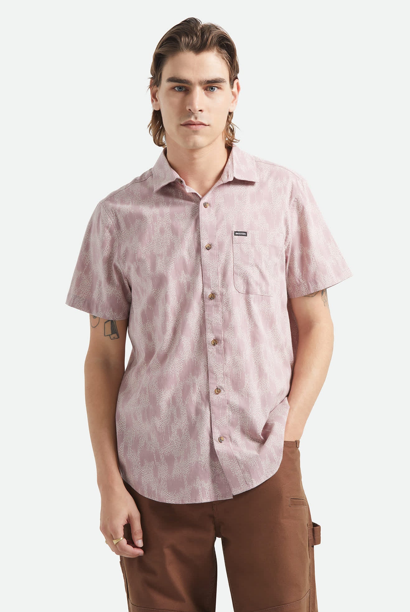 Men's Charter Print Short Sleeve Shirt in the color Dark Pink/Silver Crackle Paint - Men's Front View
