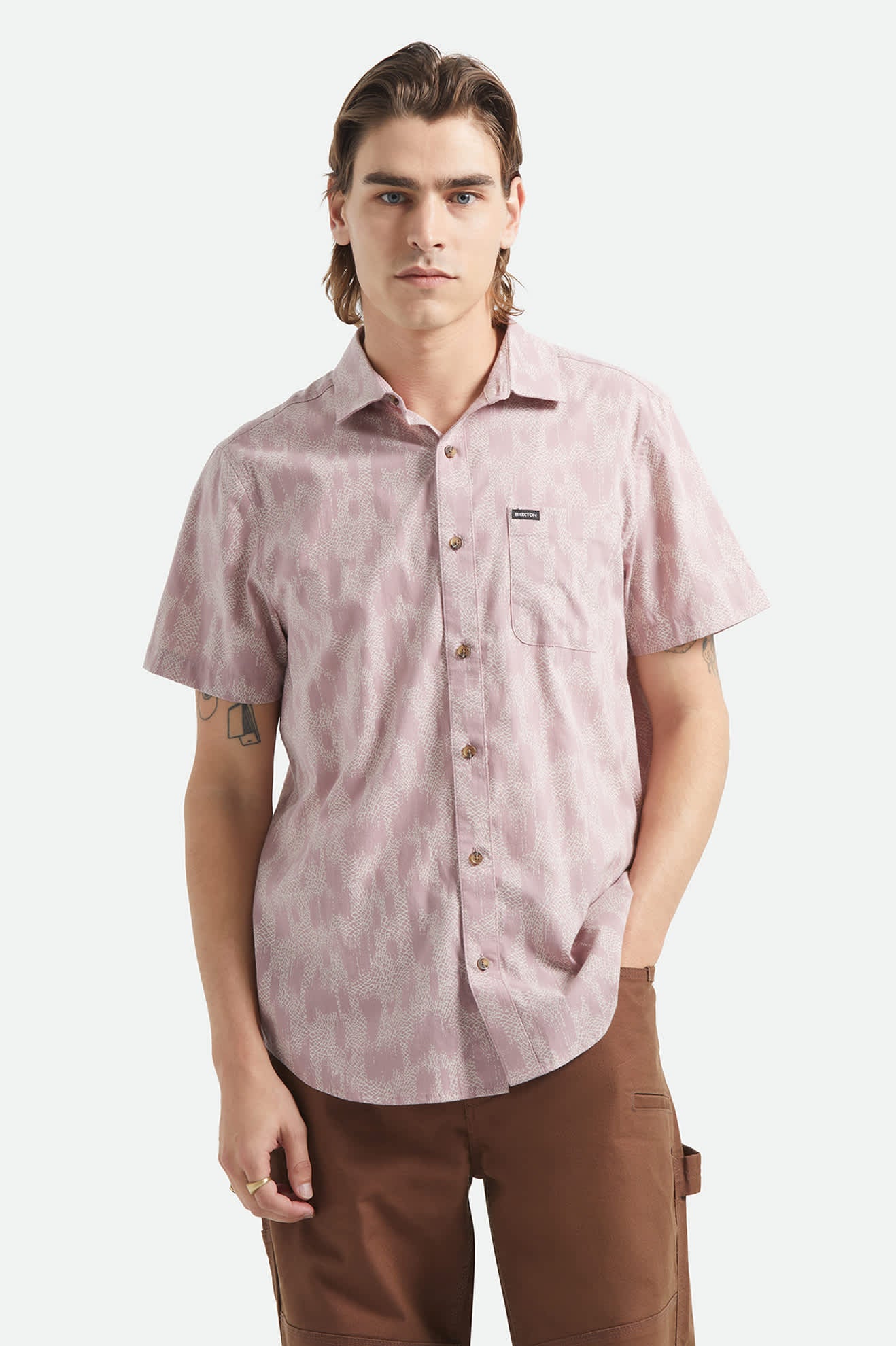 Men's Charter Print Short Sleeve Shirt in the color Dark Pink/Silver Crackle Paint - Men's Front View
