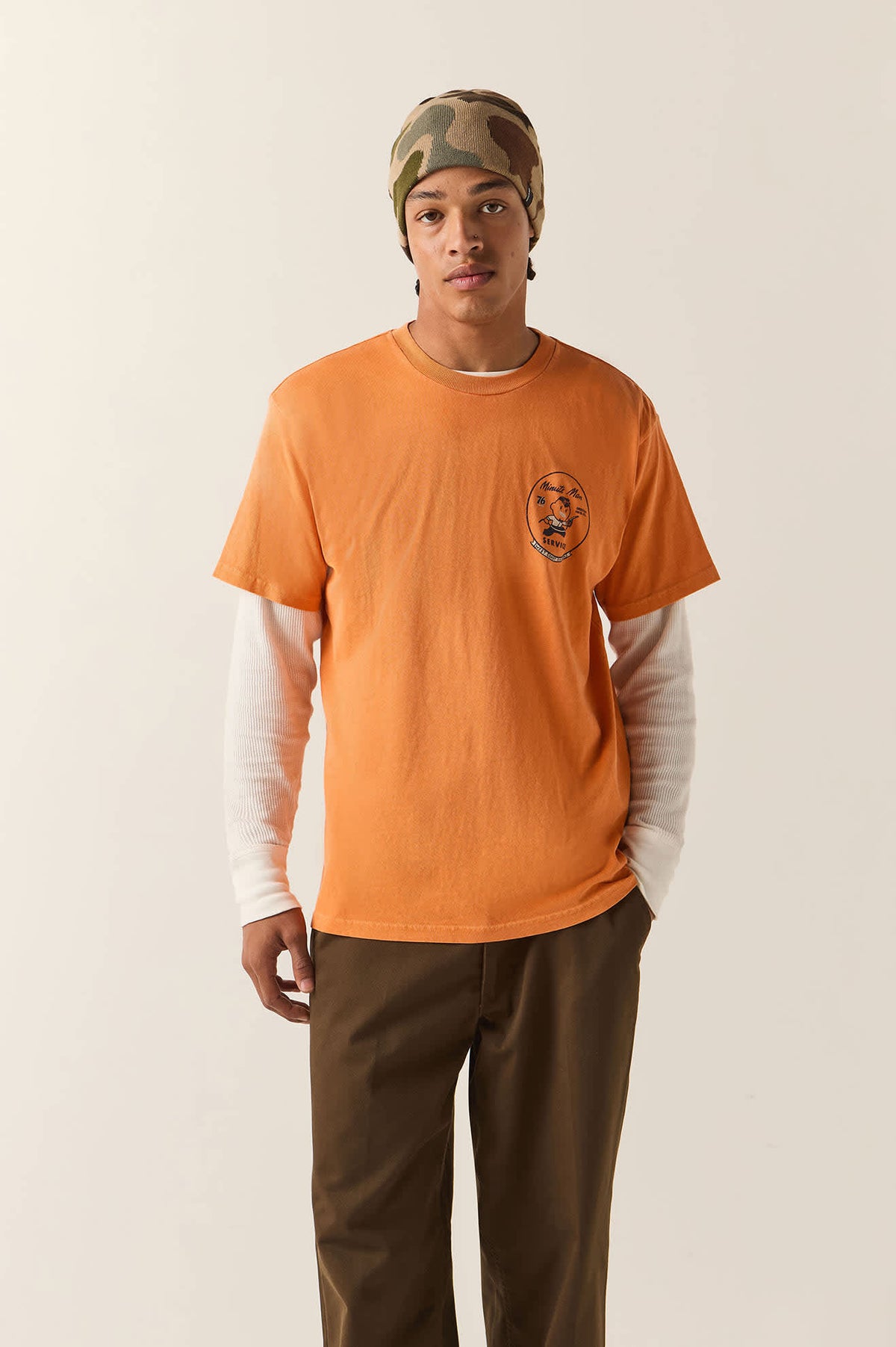 Men's 76 Minute Man Standard T-Shirt in the color Washed Orange - Men's Front View