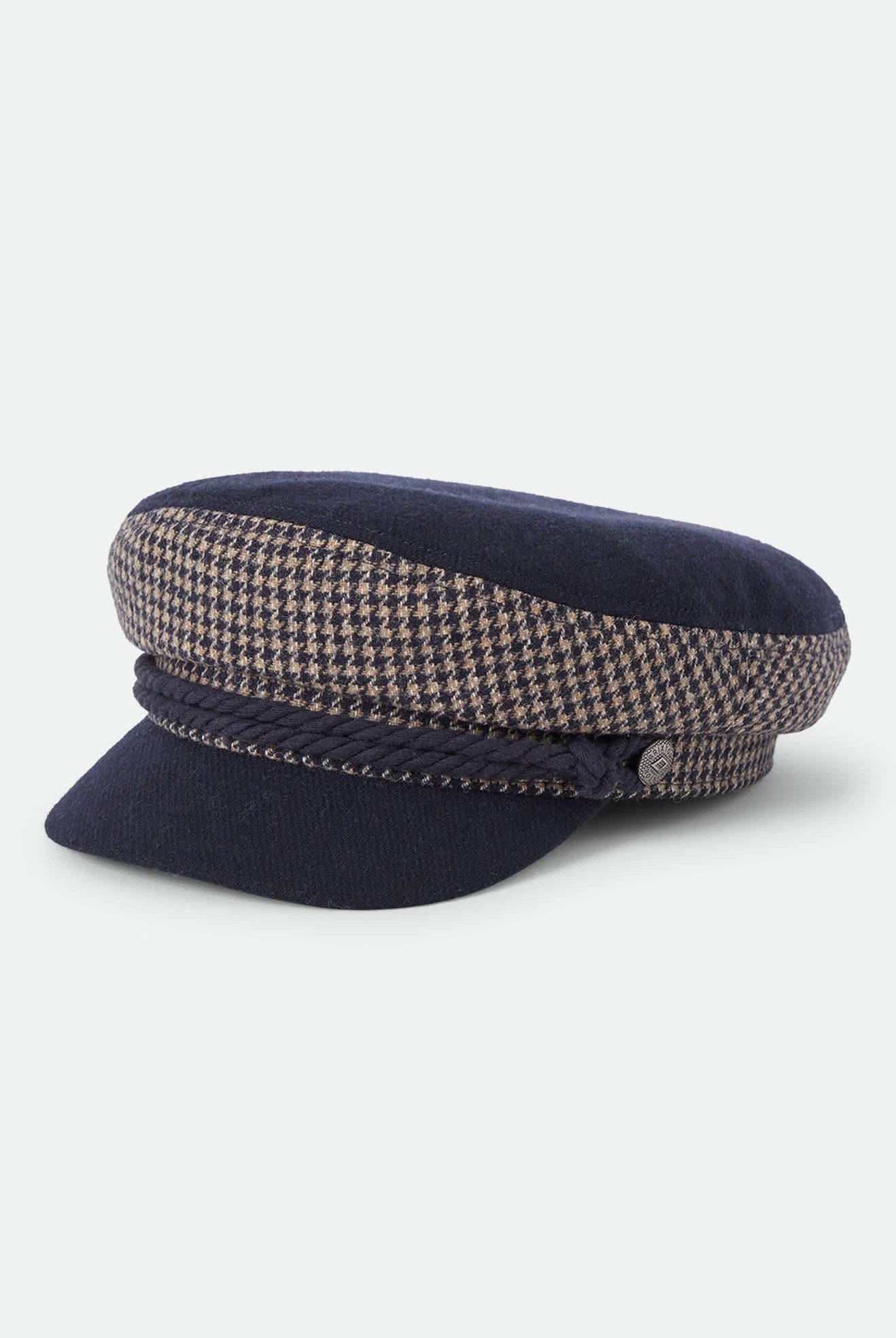 Unisex Fiddler Fisherman Cap in the color Navy/Sand Houndstooth - Front Product View