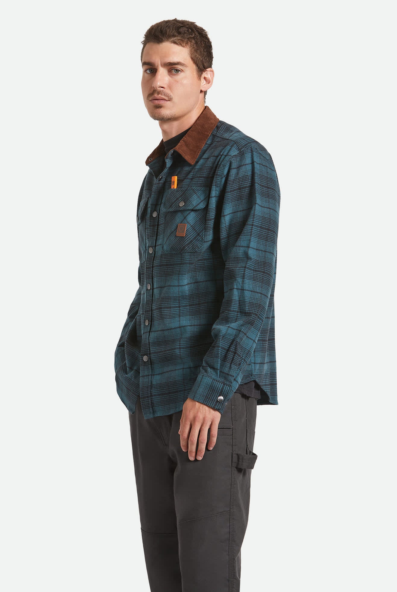 Men's Builders Bowery Stretch Water Resistant Flannel in the color Night Sage/Black - Men's Side View