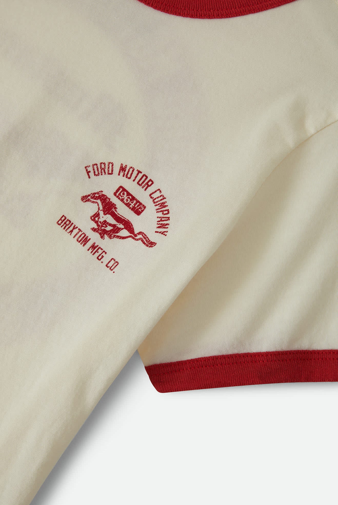 Women's Ford Mustang Baby Ringer T-Shirt in the color Wimbledon White - Additional Laydown image