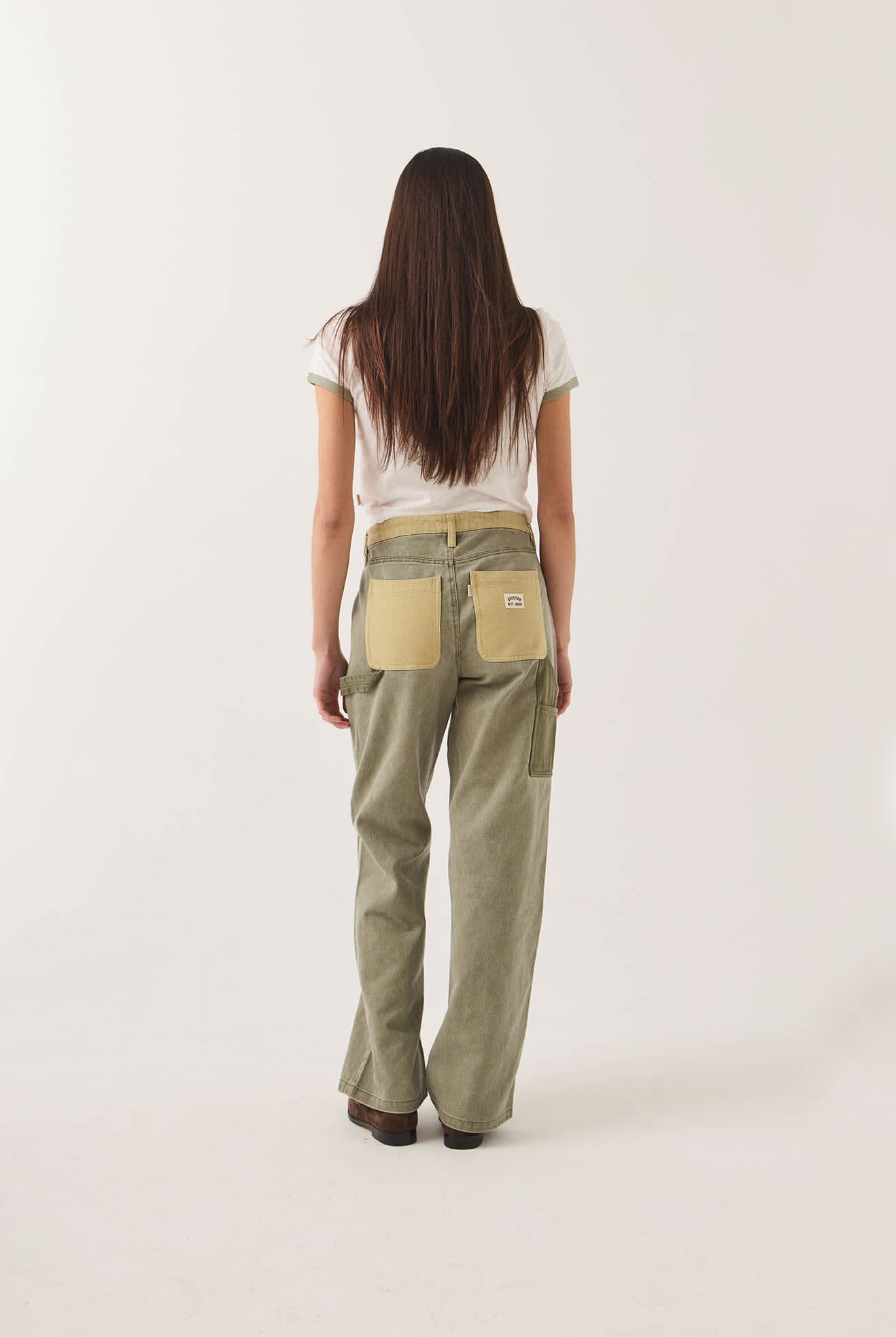 Women's Essex Patchwork Painter Pant in the color Vintage Olive Patchwork - Women's Back View