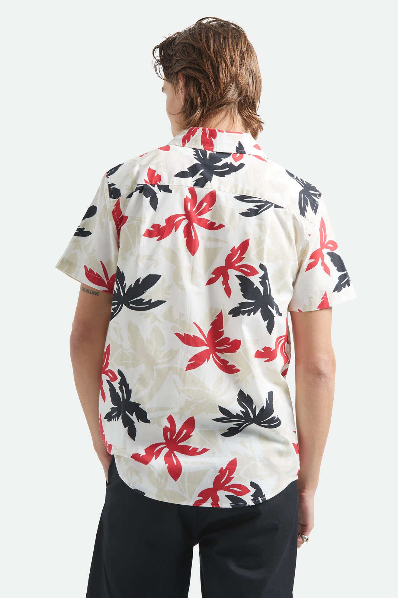 Men's Charter Print Short Sleeve Shirt in the color Off White/Black/Red Palm Floral - Men's Back View