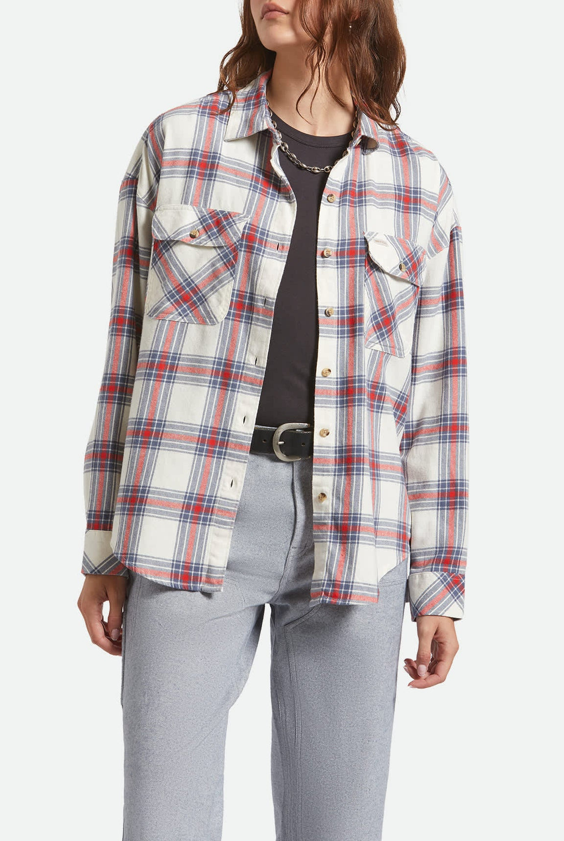 Women's Bowery Vintage Overshirt in the color Off White/Berring Sea/Red - Women's Front View