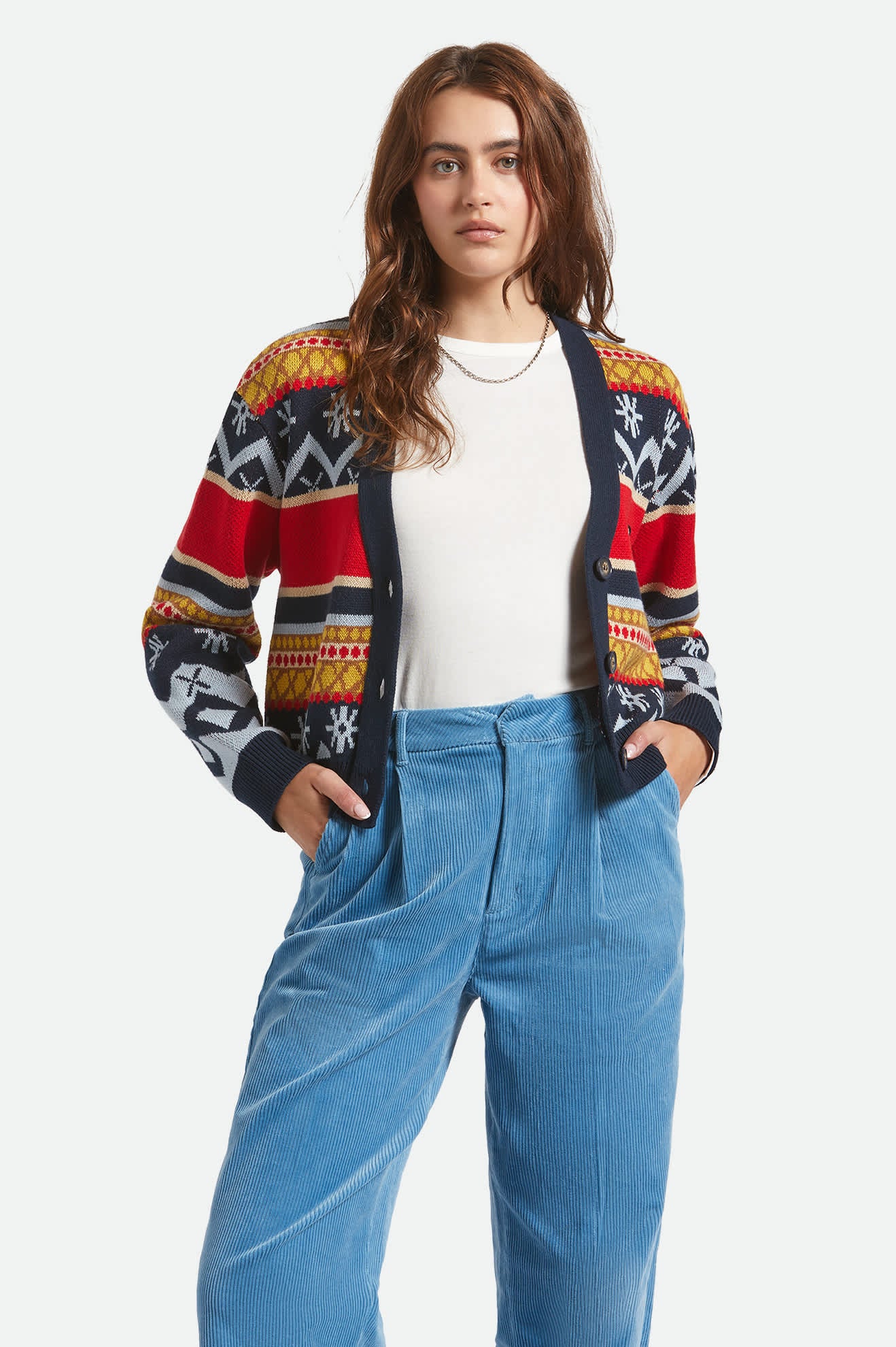 Women's Winter Racing Cardigan in the color Multi Racing Stripe - Women's Front View