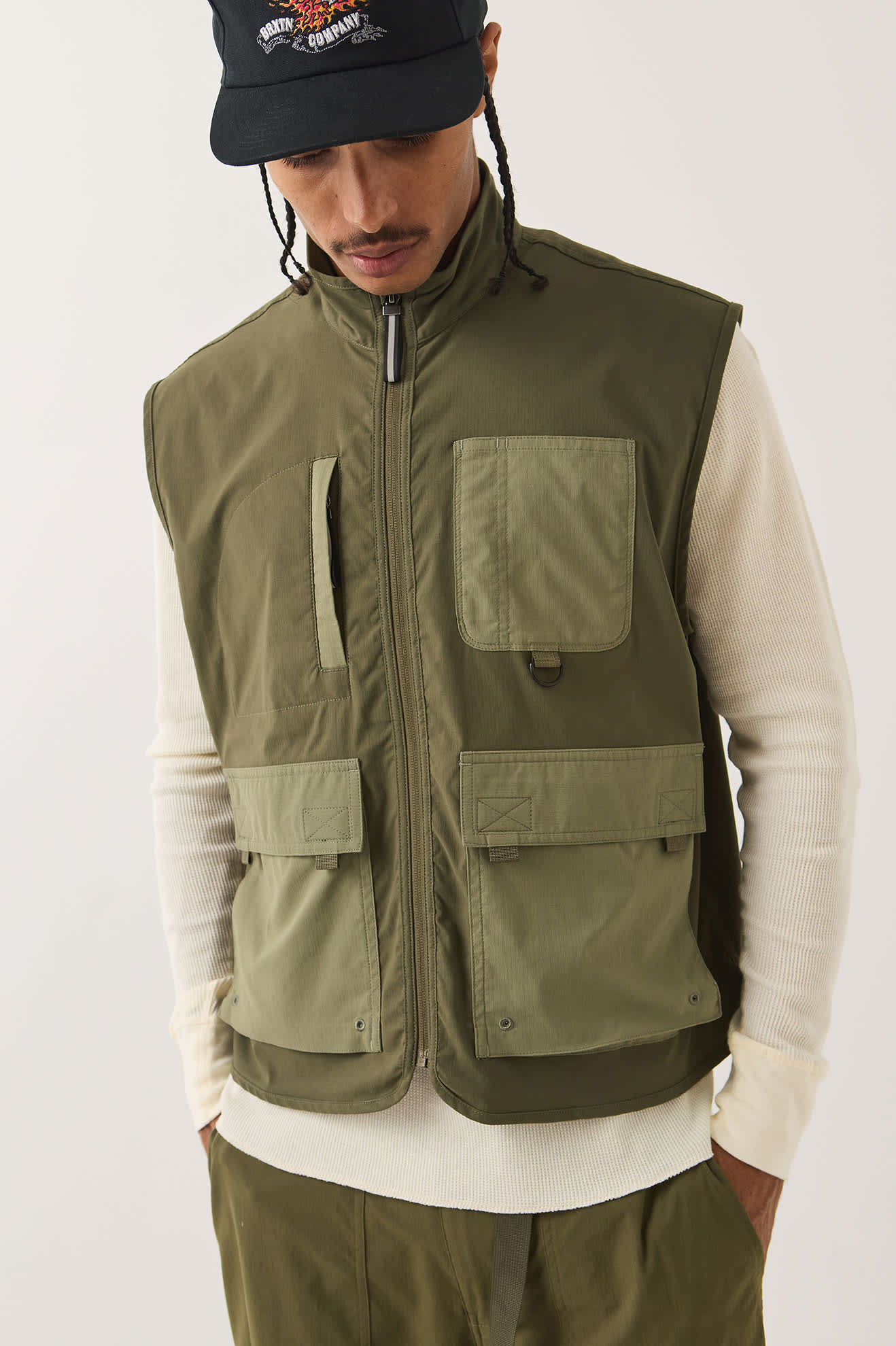 Men's Journey Utility Vest in the color Dark Olive/Olive Surplus - Men's Front View