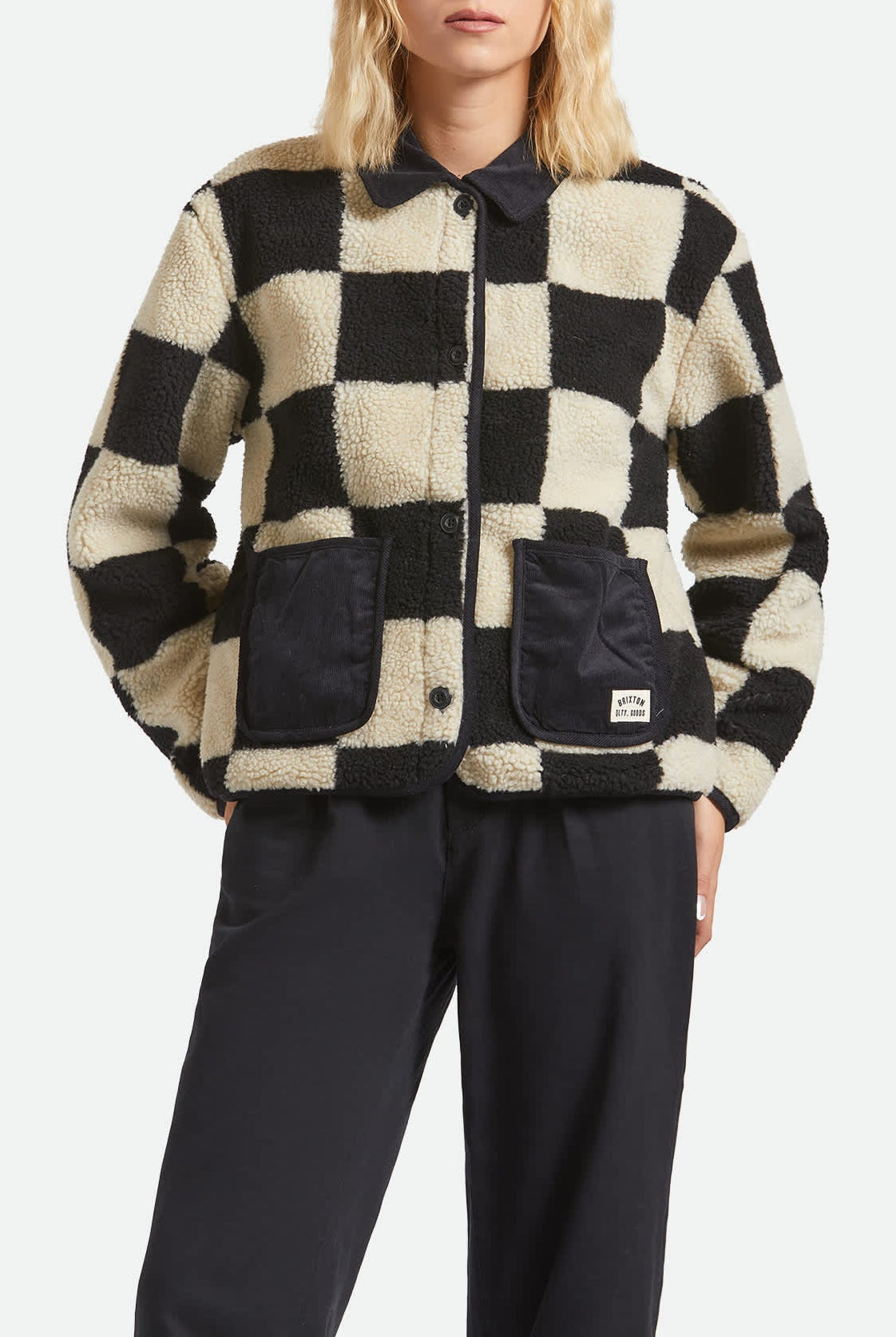 Women's Delilah Sherpa Jacket in the color Black/Natural Finish Line Checker - Women's Front View