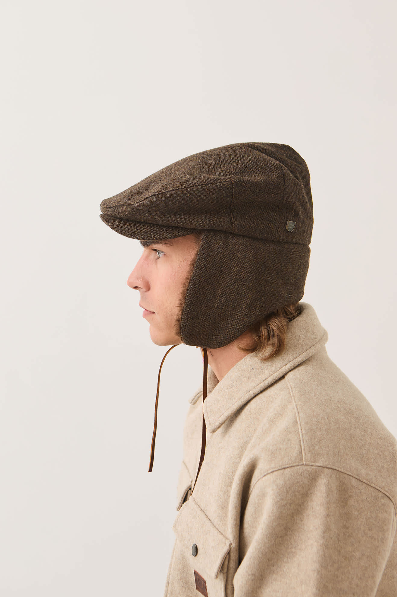 Unisex Barrel Earflap Snap Cap in the color Brown/Brown Tweed - Additional Fit image
