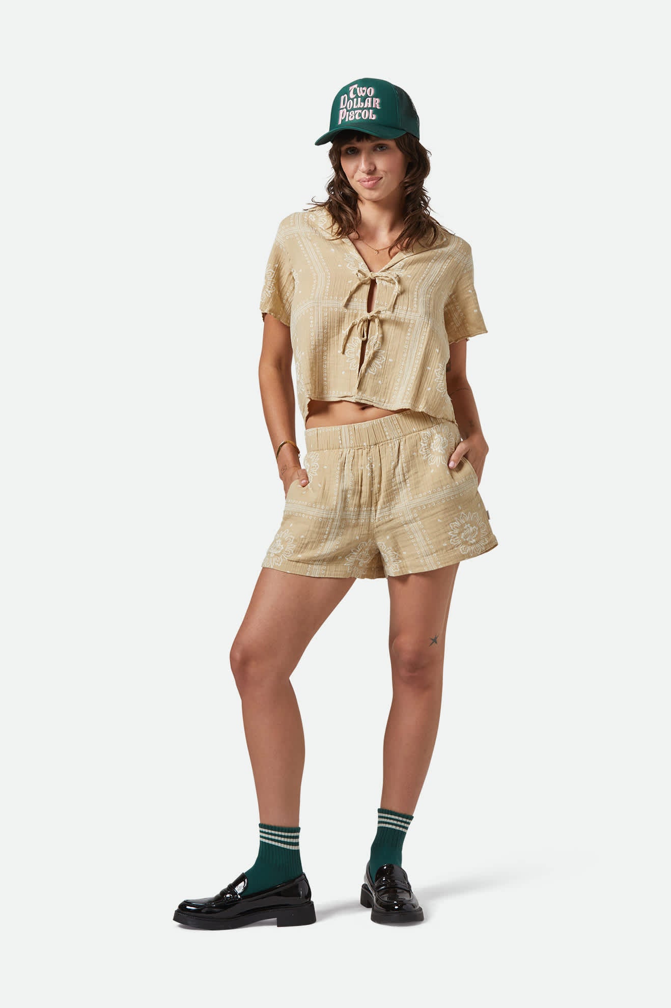 Women's Wandering Short in the color Pale Khaki Bandana - Women's Front View