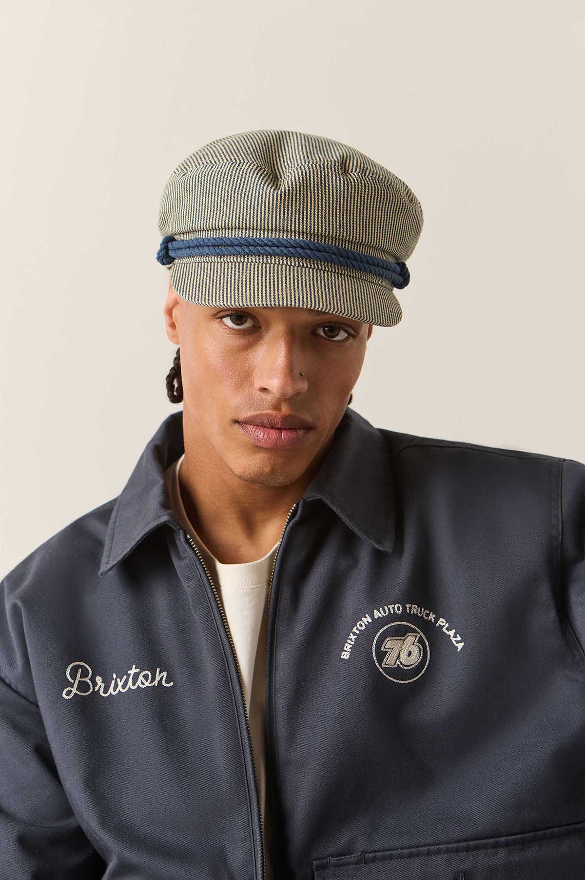 Unisex 76 Fiddler Fisherman Cap in the color Navy/Off White Hickory Stripe - Additional Fit image