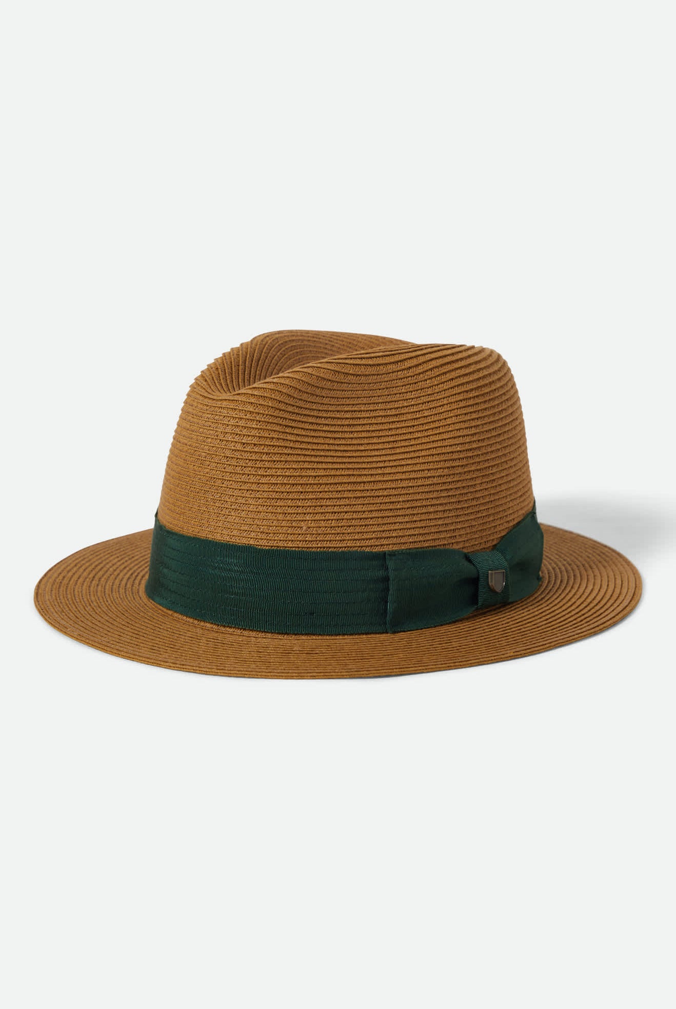 Unisex Roma Straw Packable Fedora in the color Dark Tan/Primal Green - Front Product View