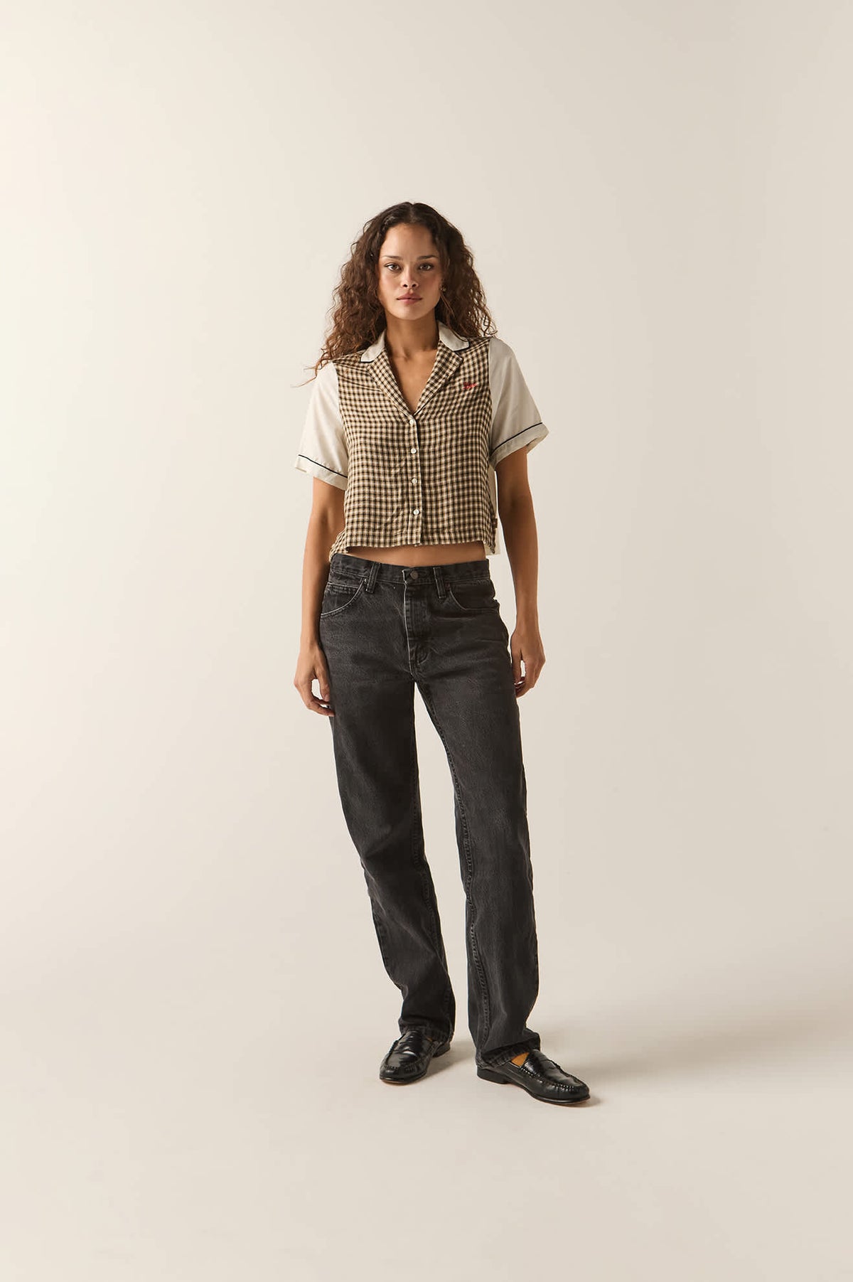 Women's Silky Bowling Button Down Shirt in the color Khaki/Off White/Black Micro - Additional Fit image