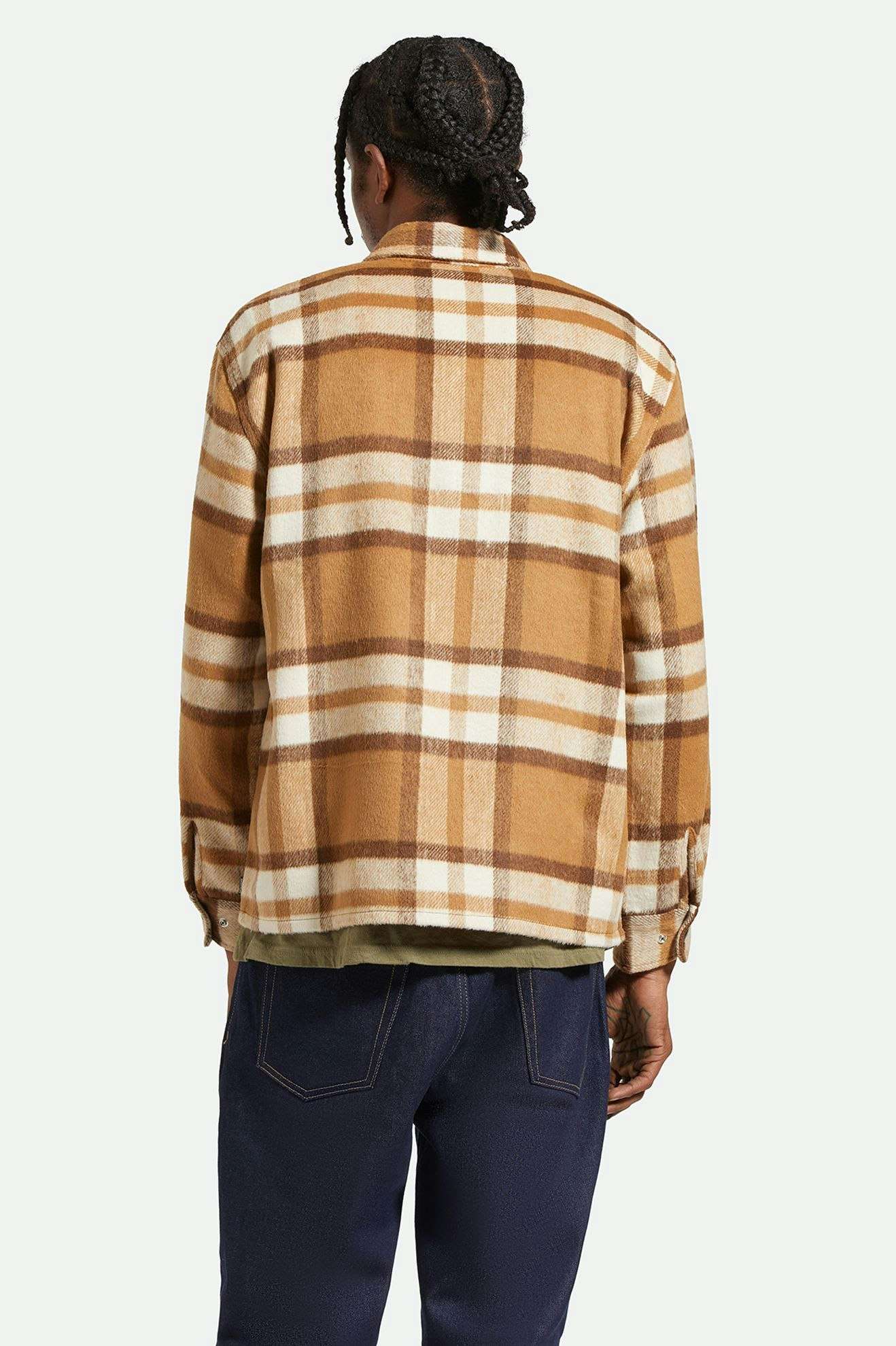 Men's Back Fit Image | Selden Soft Brushed L/S Flannel Overshirt - Tan/Bison