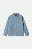 Men's Herringbone Lightweight Chore Coat in the color Light Wash Denim Herringbone - Front Product View
