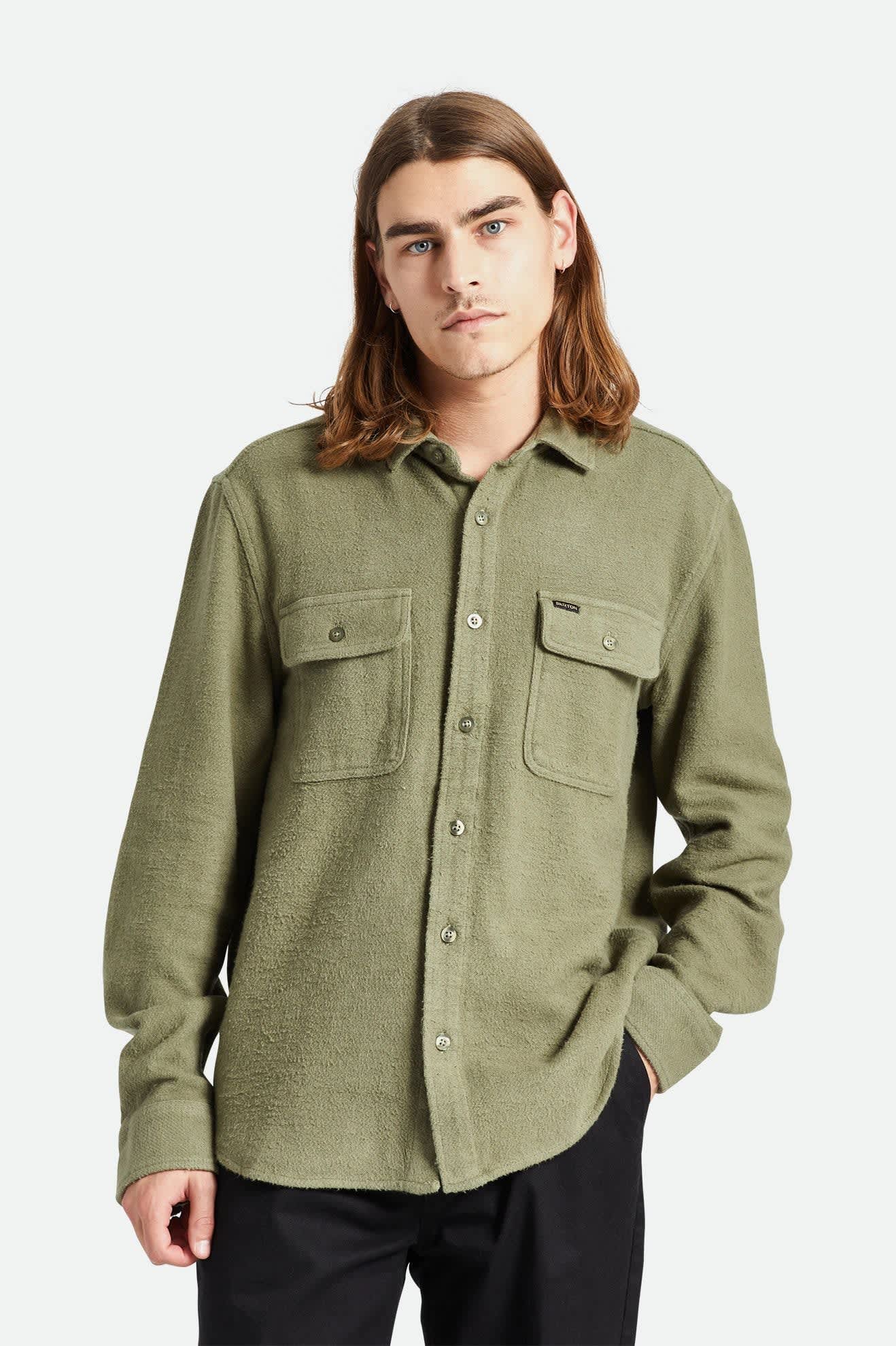 Men's Bowery Textured Loop Twill L/S Overshirt in the color Olive Surplus - Men's Front View