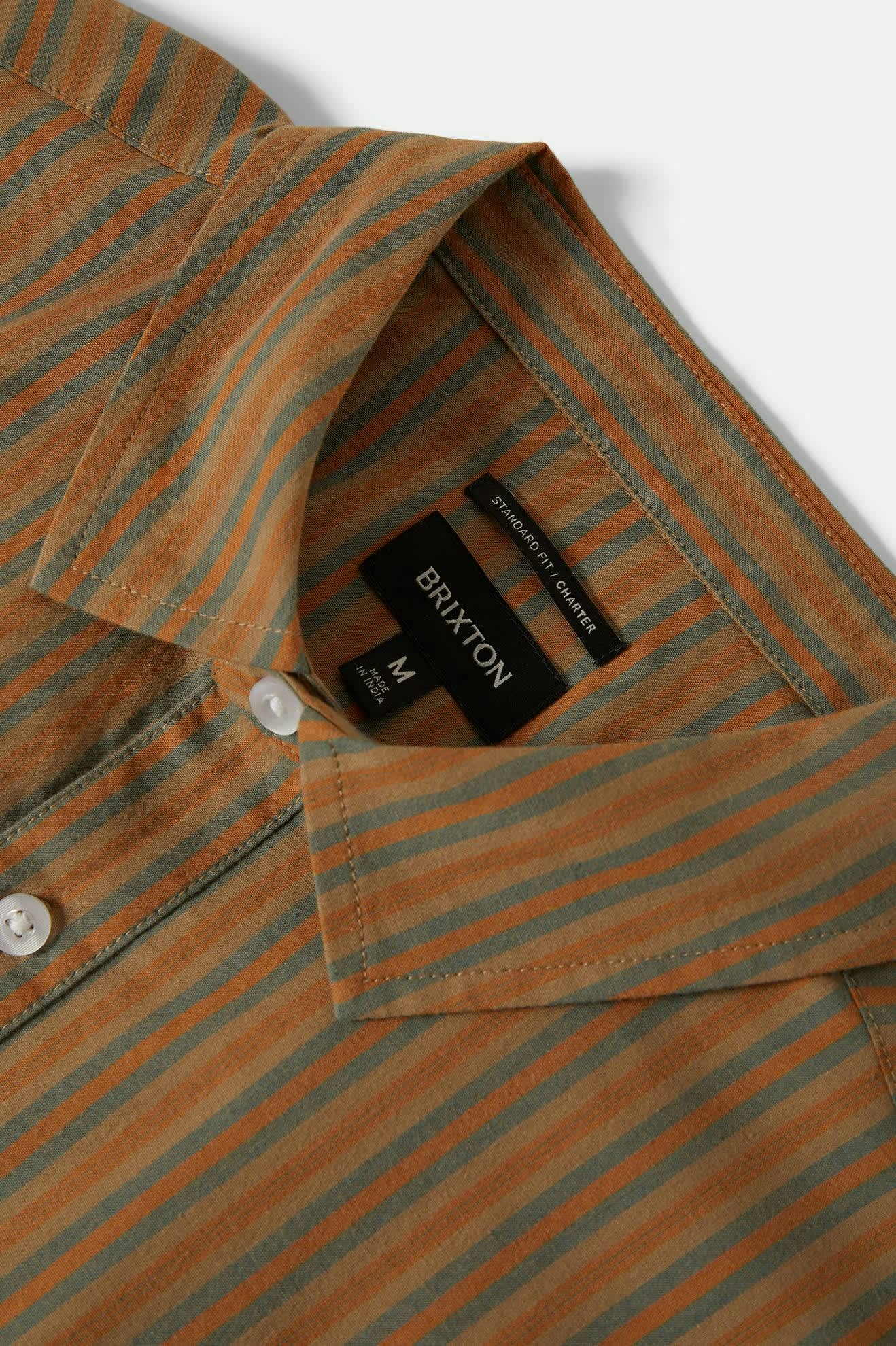 Men's Charter Stripe S/S Shirt in the color Rustic Caramel/Night Sage - Additional Laydown image