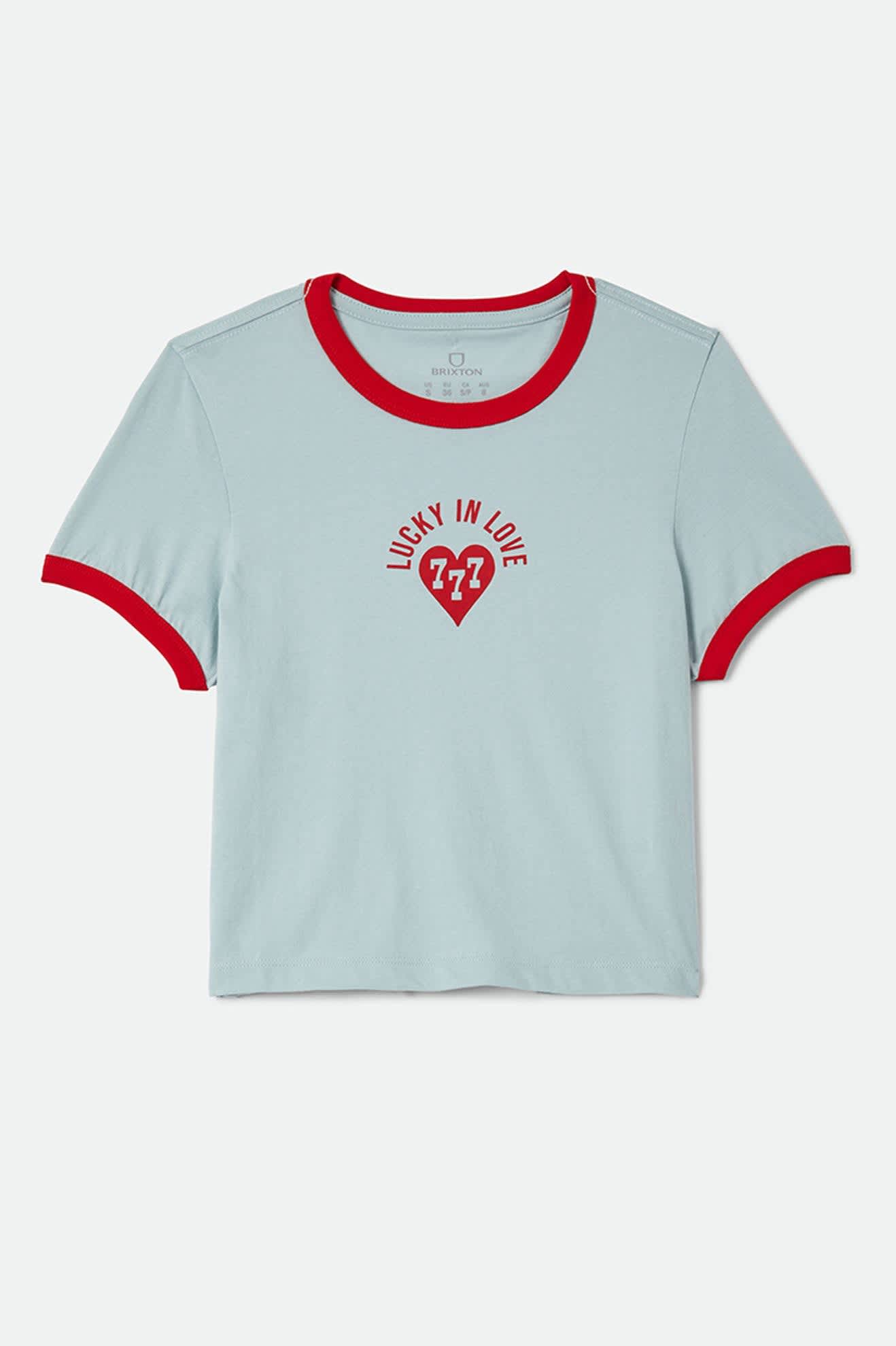 Women's Lucky In Love Baby T-Shirt in the color Sea Grass/Adrenaline Red - Front Product View